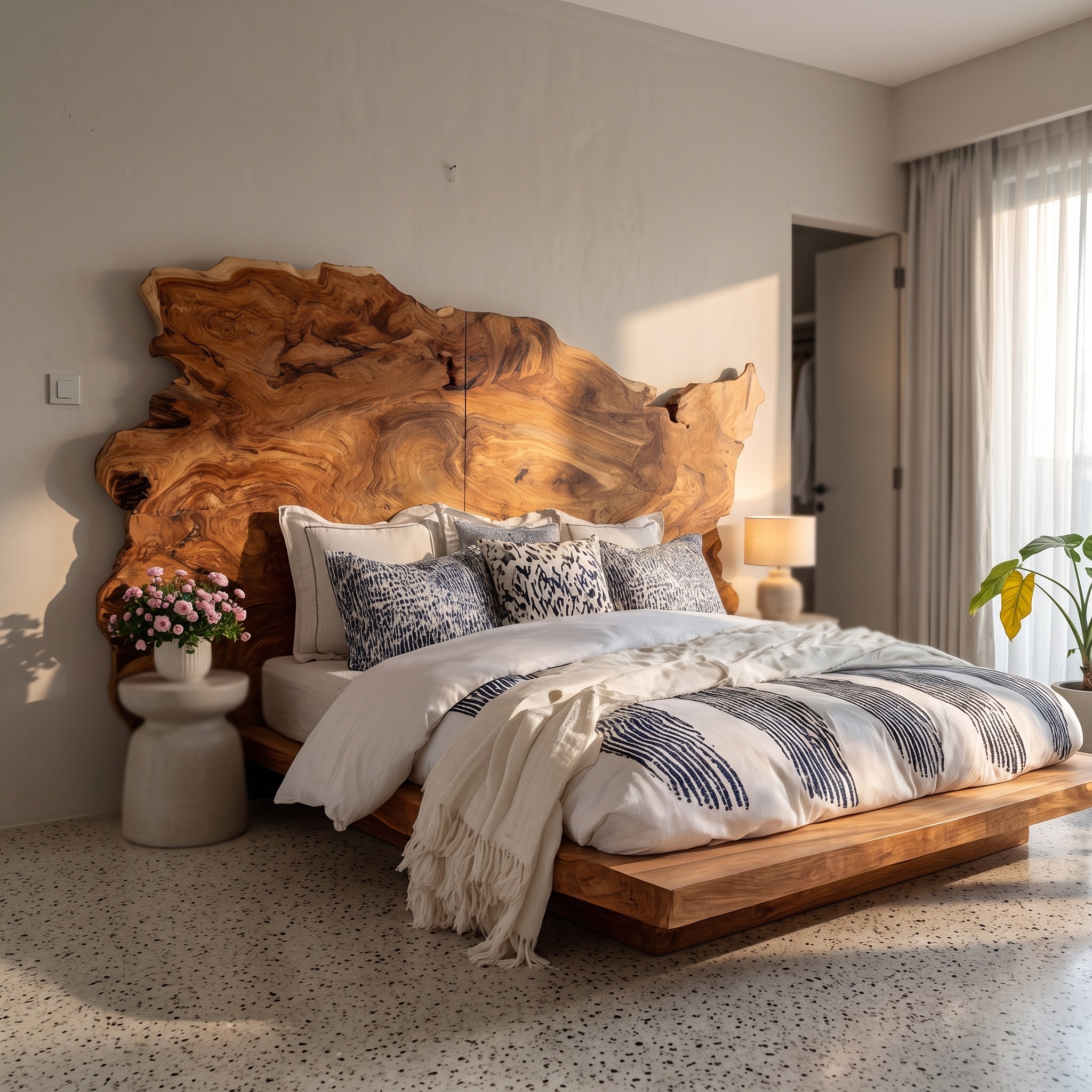 Organic Natural Live Edge Wood Headboard, Handcrafted Teak Wooden Headboard Panel for Minimalist Japandi Bedroom Decor