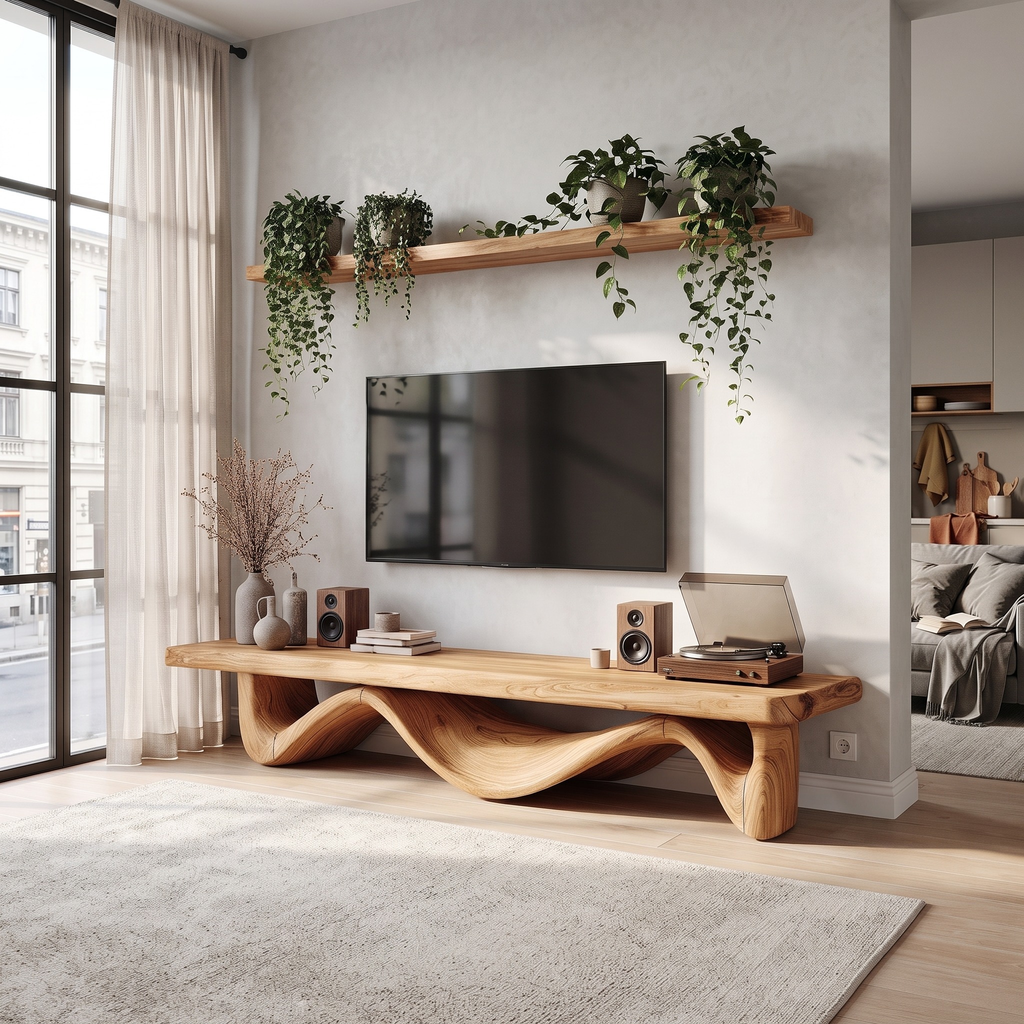 Organic Open Loop TV Cabinet Solid Wood Media Console for Living Room