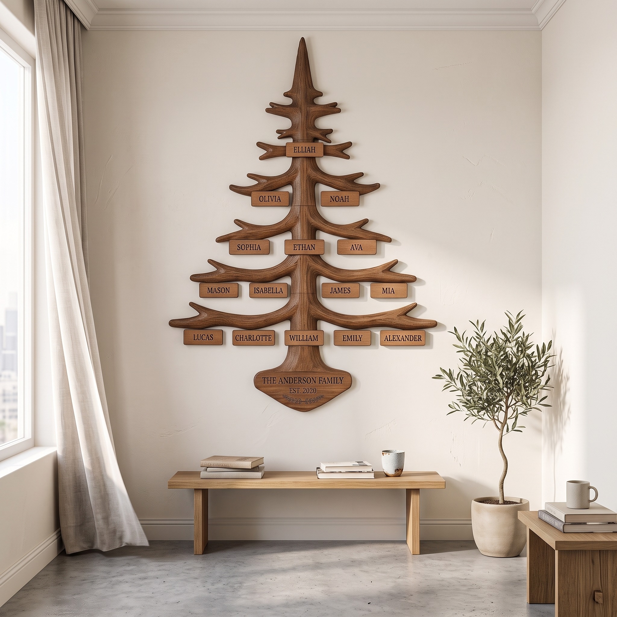 Organic Personalized Family Tree Wall Decor with Custom Name Plaques for Living Room and Entryway