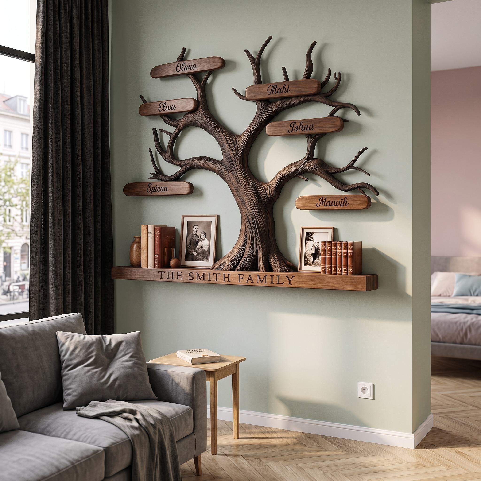 Organic Personalized Tree Wall Bookshelf with Custom Family Name for Living Room and Home Office