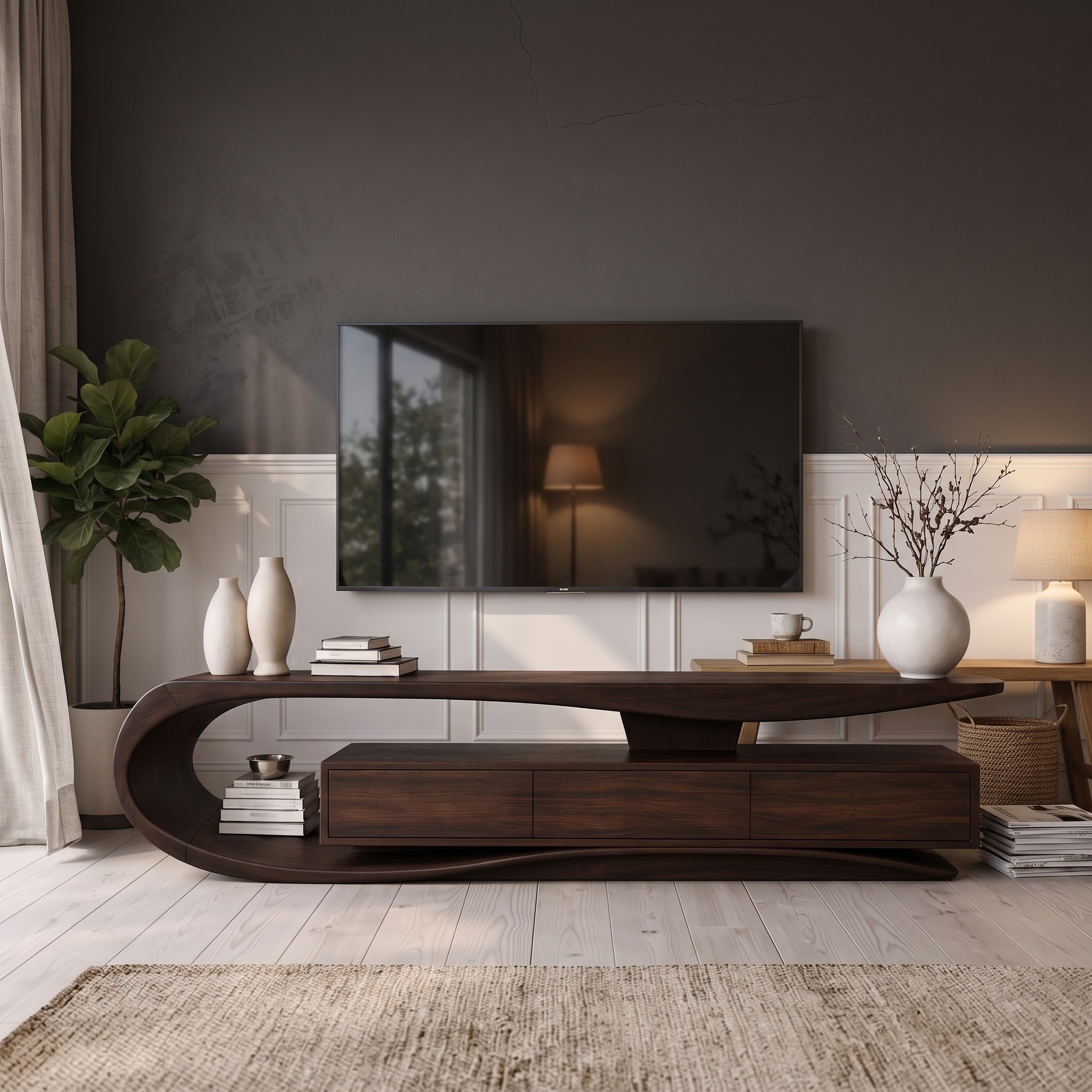 Organic Rounded Wooden TV Console for Living Room Furniture