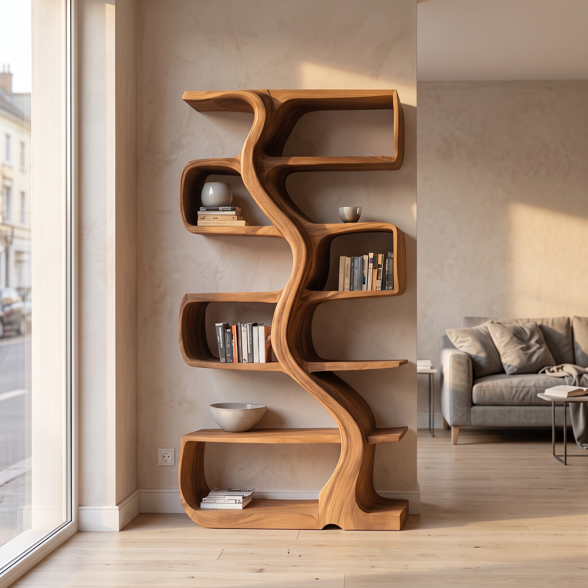 Organic Sculptural Bookshelf with Wavy Design for Living Room