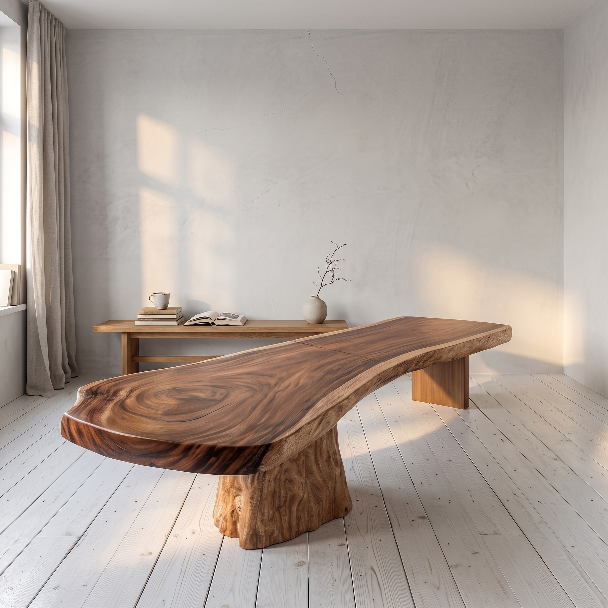 Organic Sculptural Dining Table with Live Edge Solid Wood Top and Pedestal Base for Dining Room