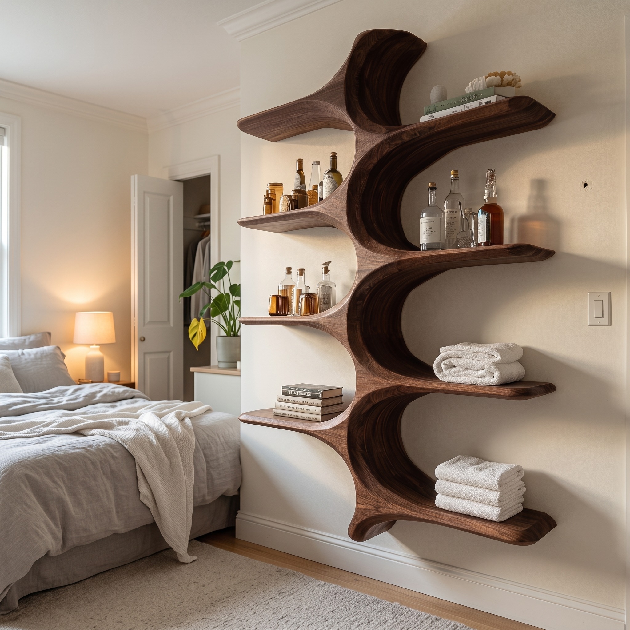Organic Sculptural Natural Wood Bathroom Shelf for Spa
