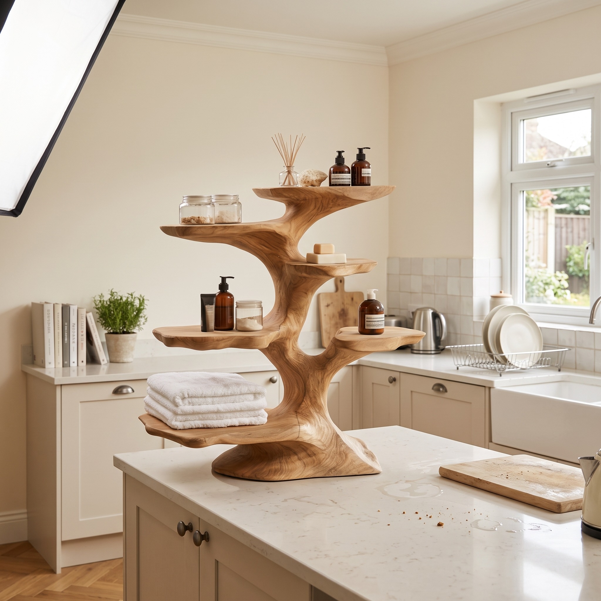 Organic Sculptural Tree Shelf for Bathroom Storage and Spa Style Interior