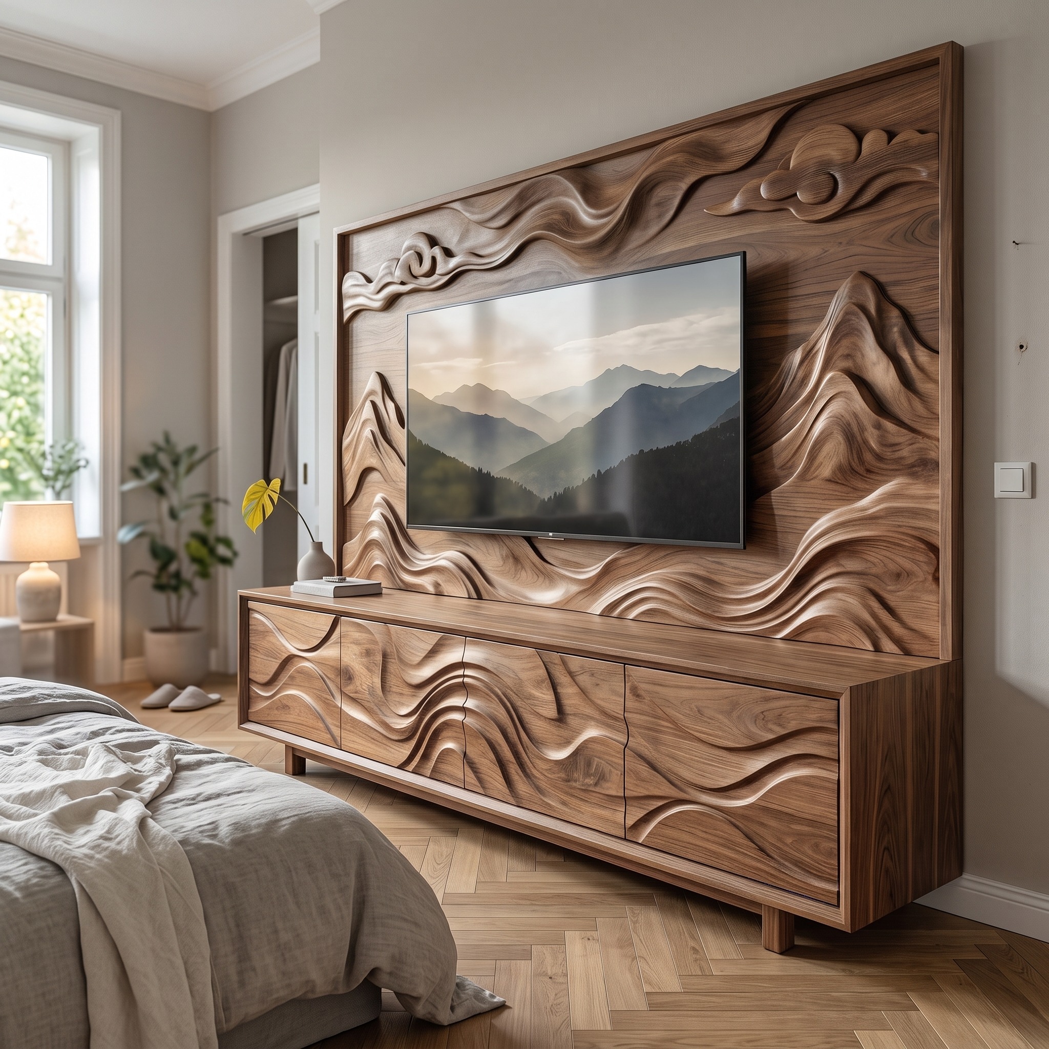 Organic Sculptural TV Cabinet and Wood Wall Panel Set Living Room