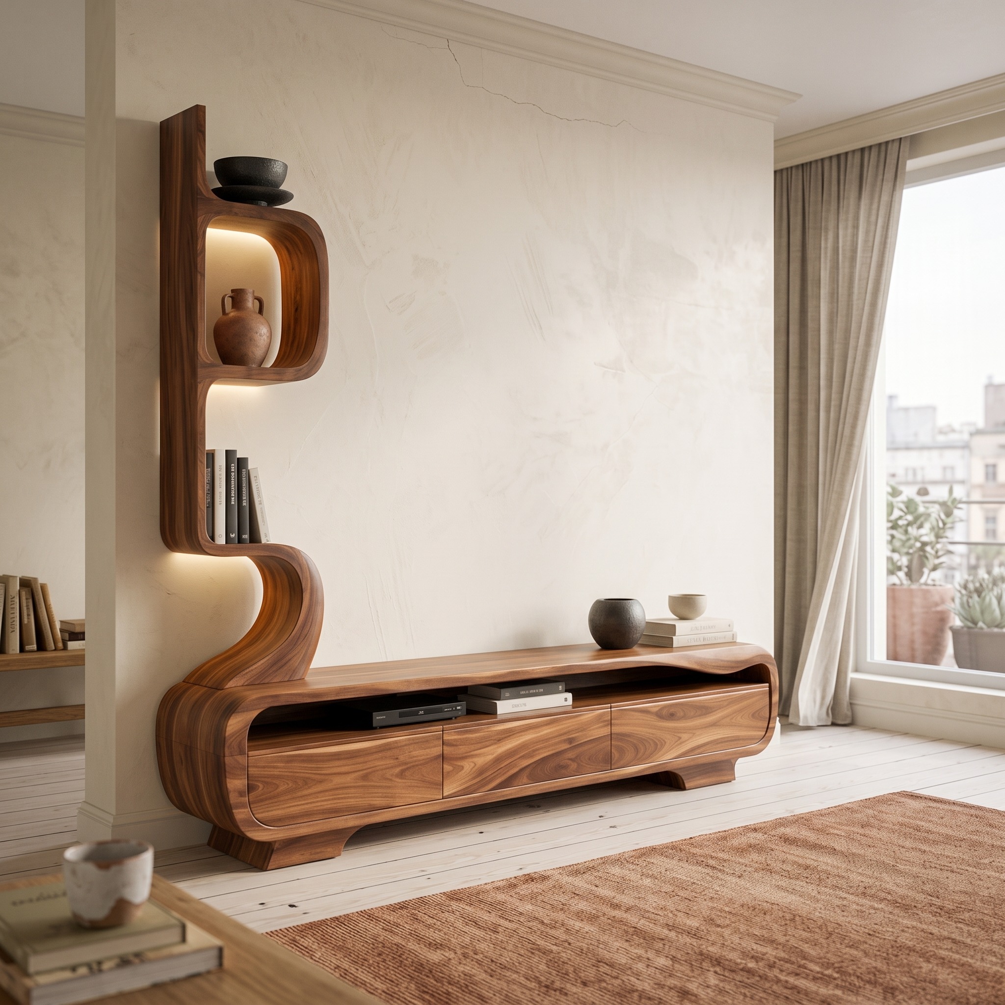 Organic Sculptural TV Console with Display Shelves for Living Room