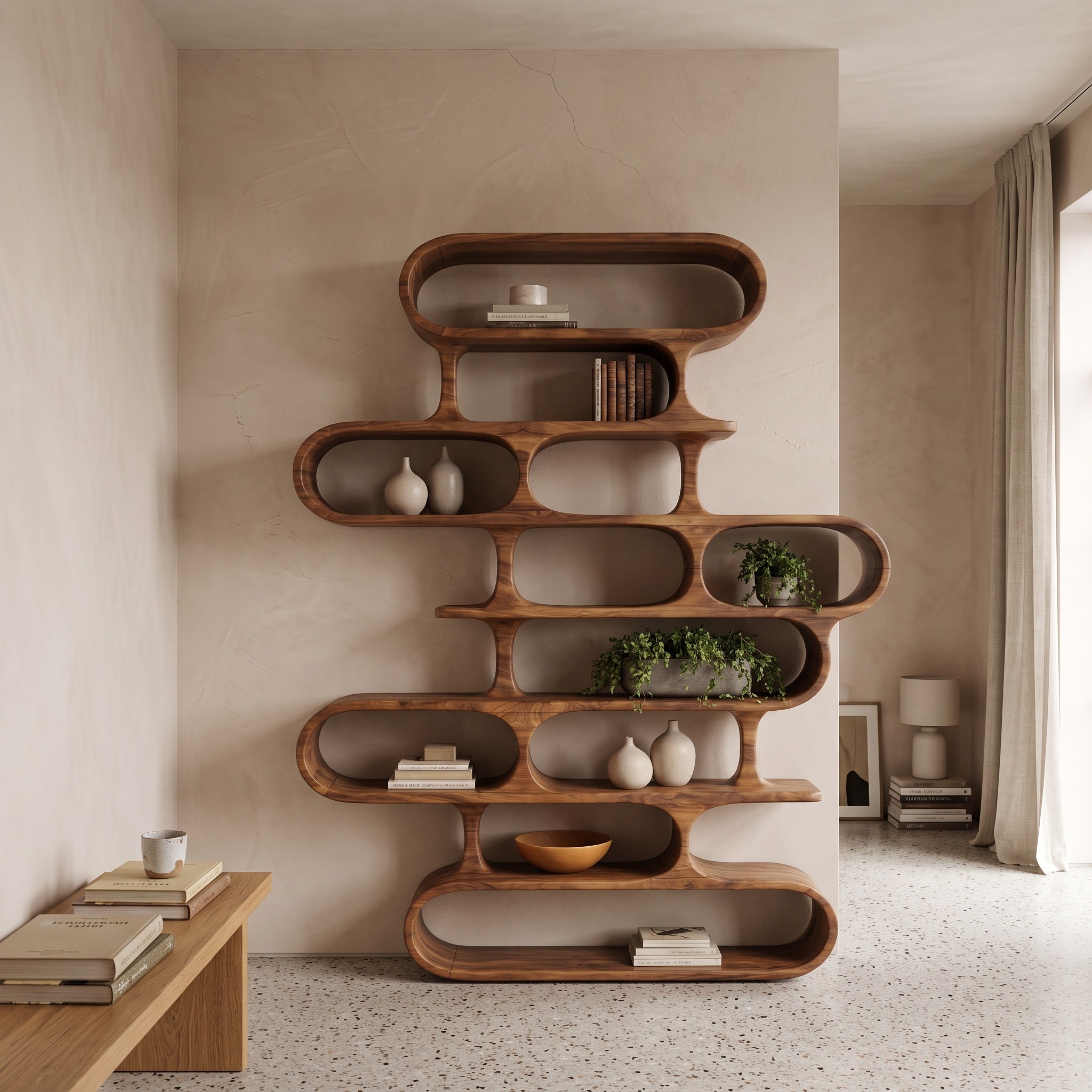 Organic Sculptural Wood Bookshelf with Curved Form for Living Room or Office