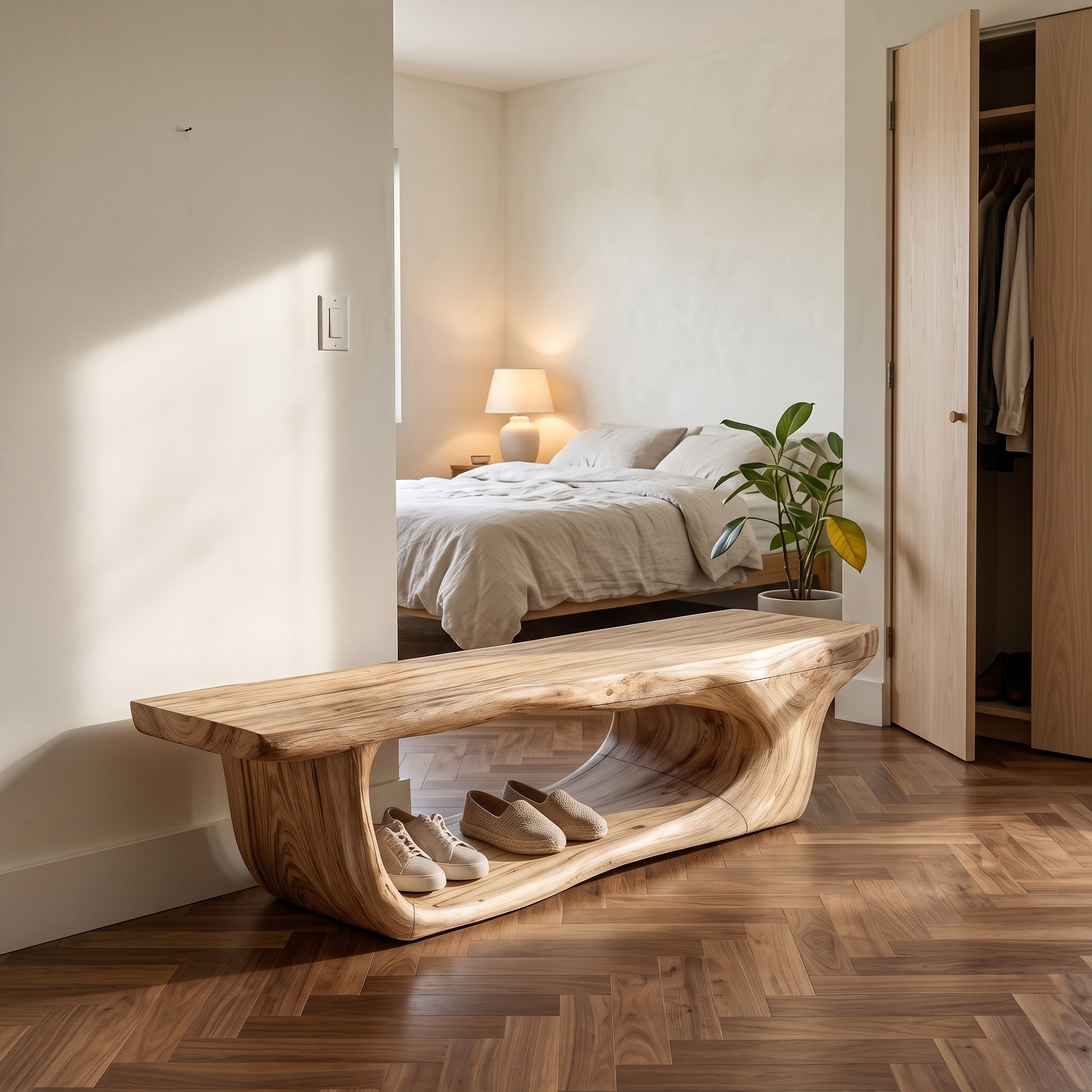 Organic Shoe Bench with Open Shoe Storage for Entryway