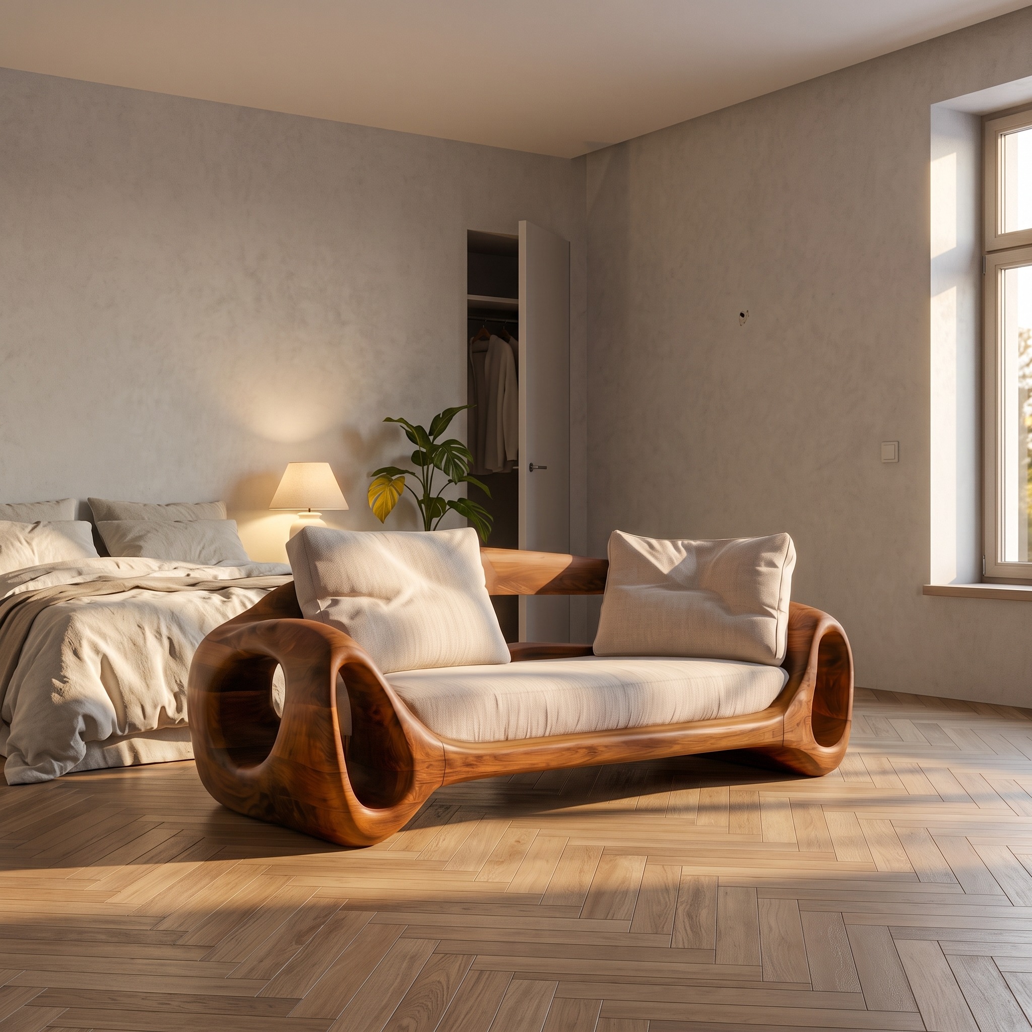 Organic Sofa Frame with Sculptural Circular Armrests for Living Room