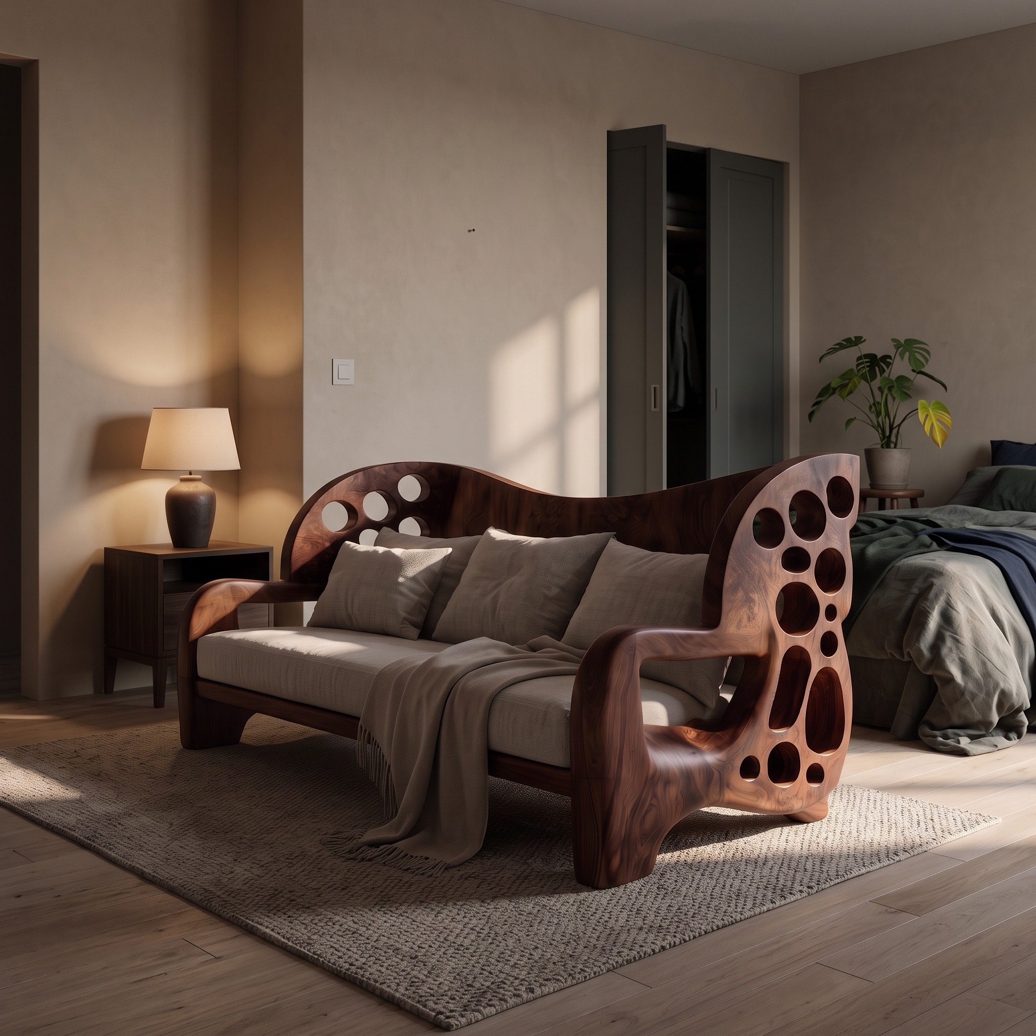 Organic Sofa Frame with Sculptural Openwork Armrests for Living Room