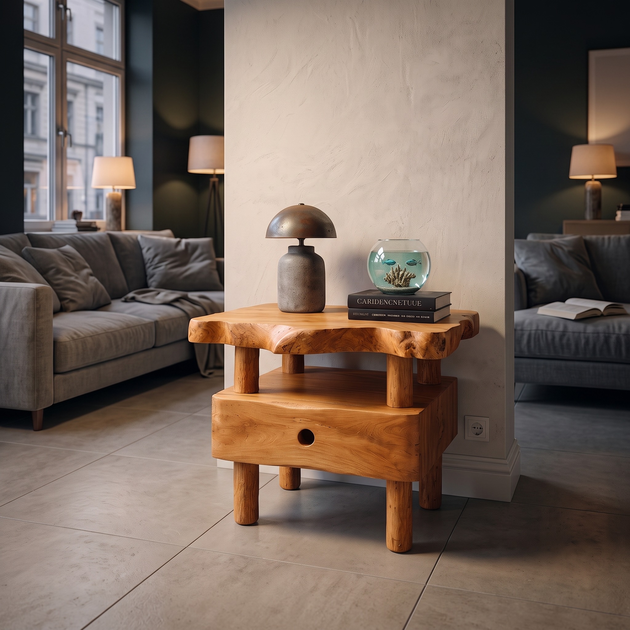 Organic Solid Wood Bedside Table with Open Shelf and Drawer