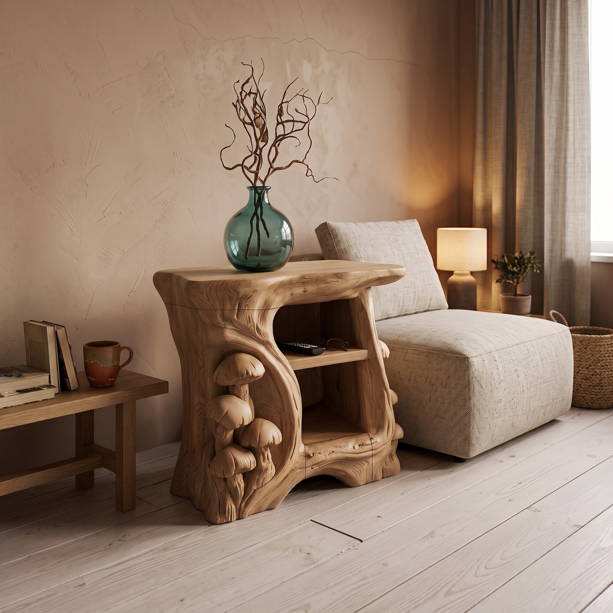 Organic Solid Wood Bedside Table with Sculptural Tree Branch Base