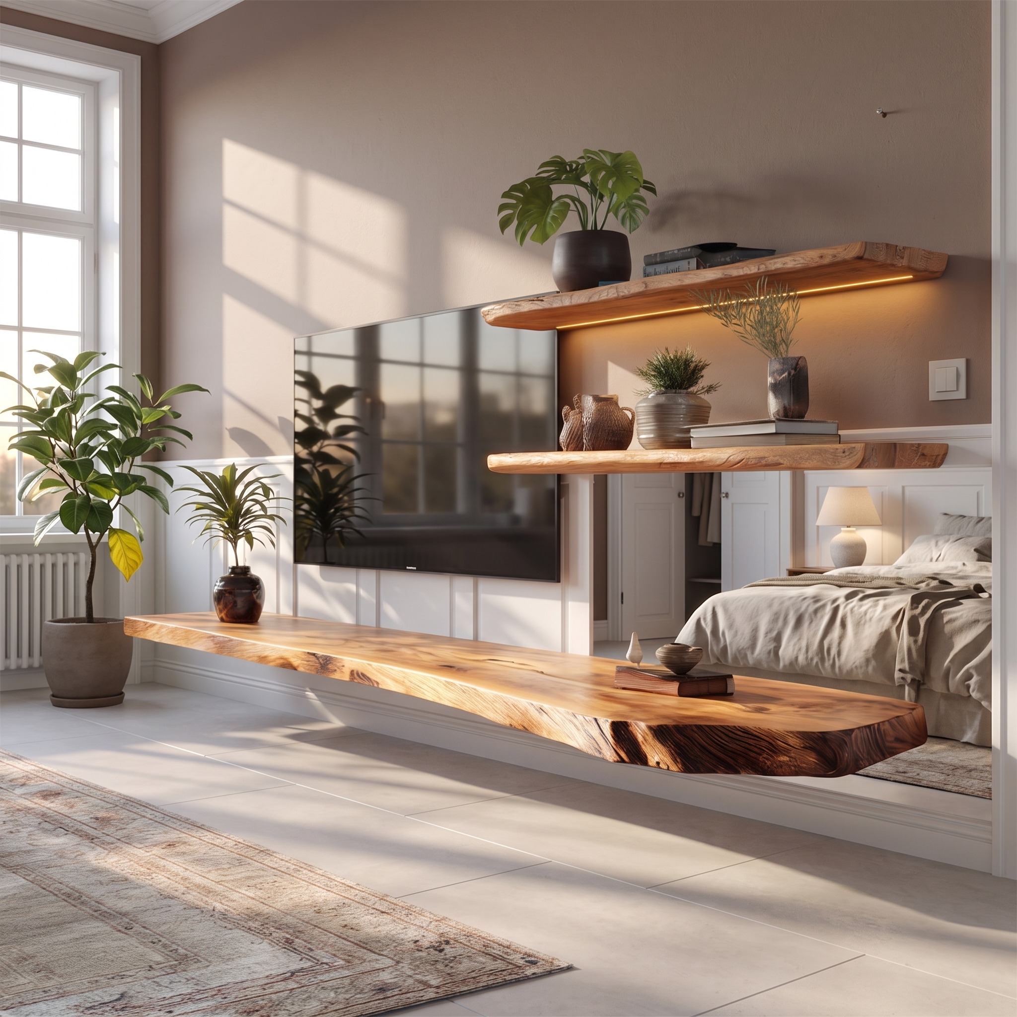 Organic Solid Wood TV Wall Shelf Soft Glow Interior Decor