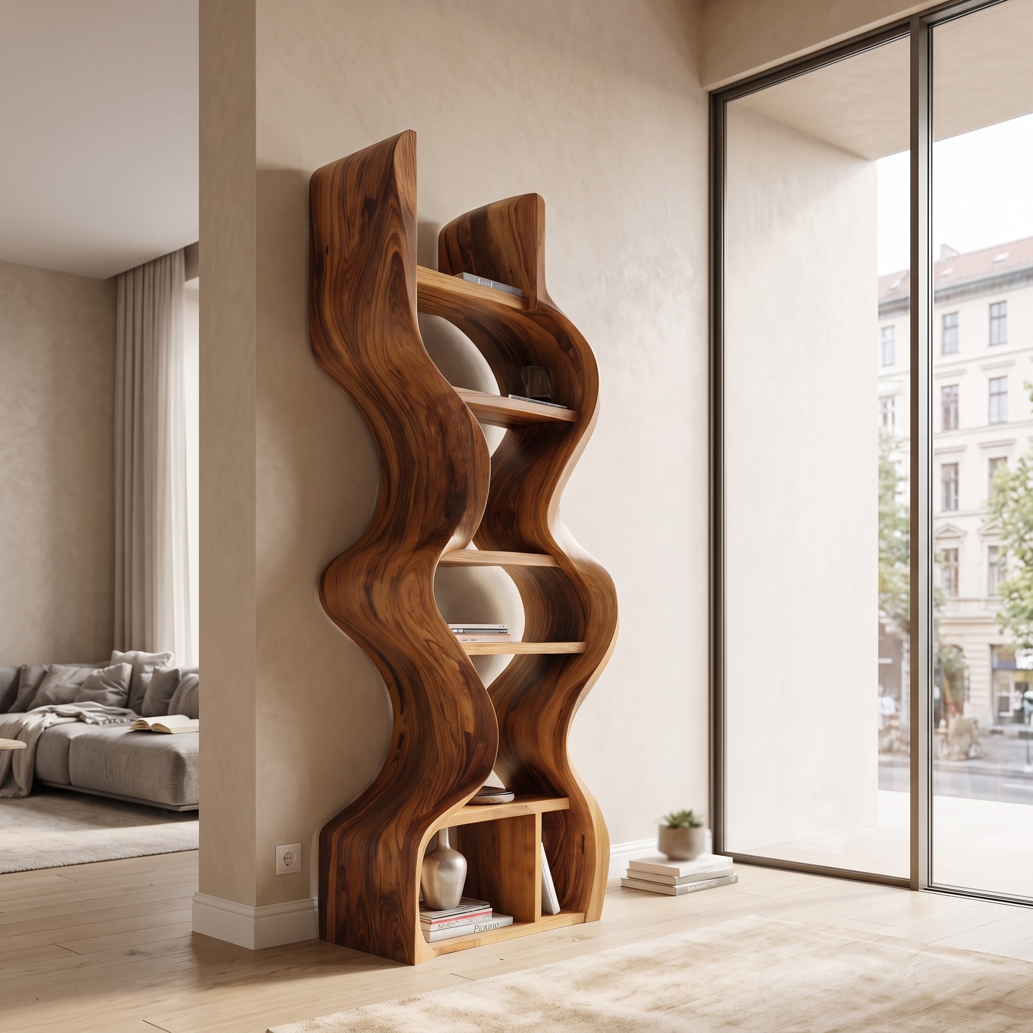 Organic Solid Wood Wall Bookcase for Modern Entryway