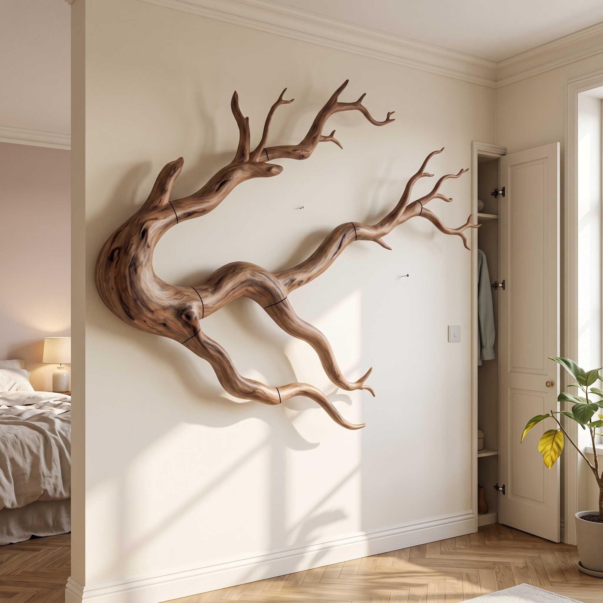 Organic Tree Bookcase with Flowing Wall Mounted Branches for Living Room