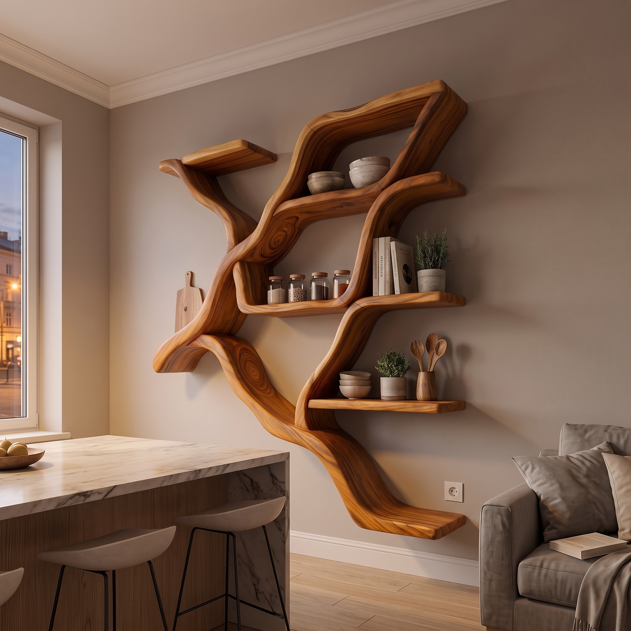 Organic Tree Branch Wall Mounted Shelves for Kitchen