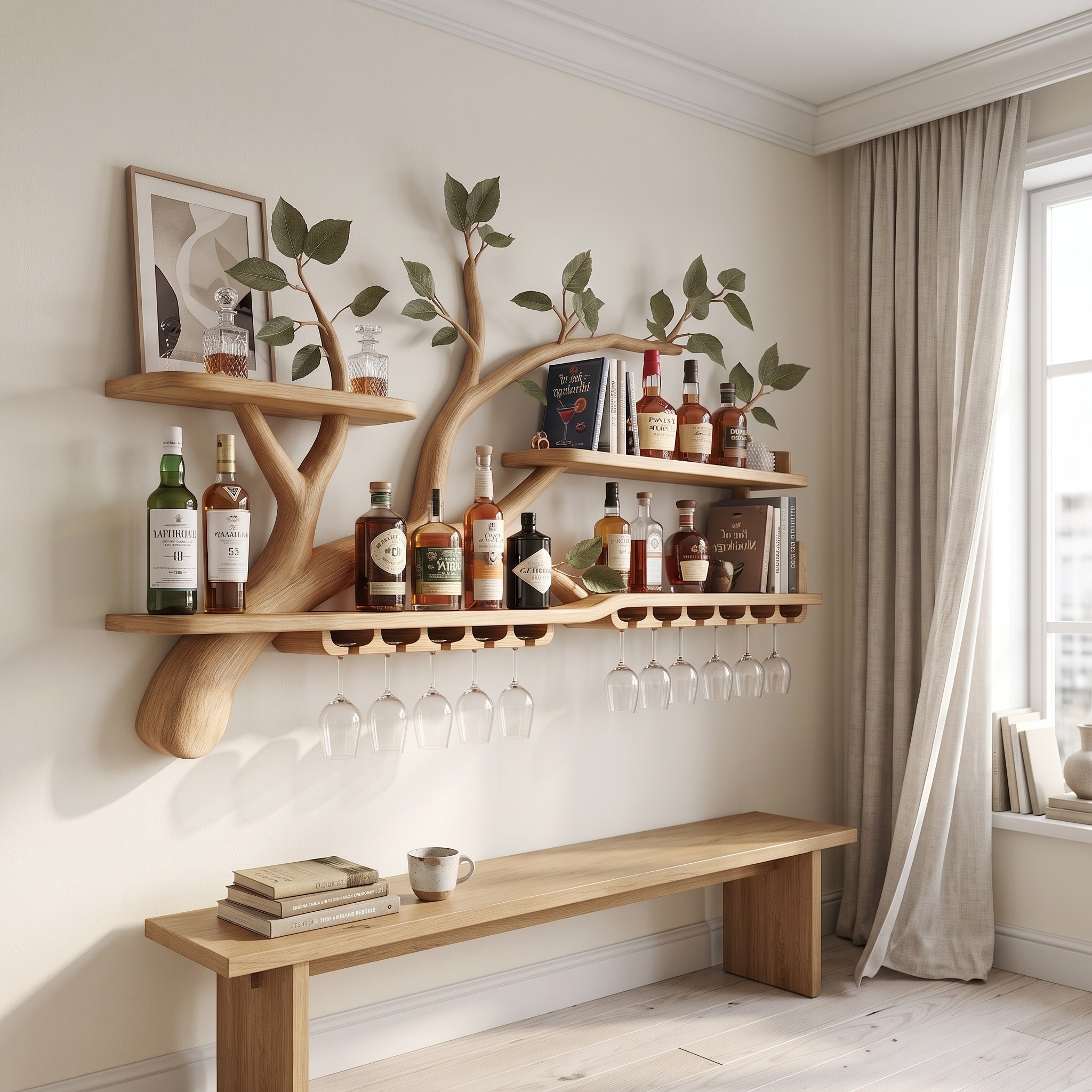 Organic Tree Branch Wine Rack Wooden Wall Mounted Shelf for Kitchen Dining Room Home Bar