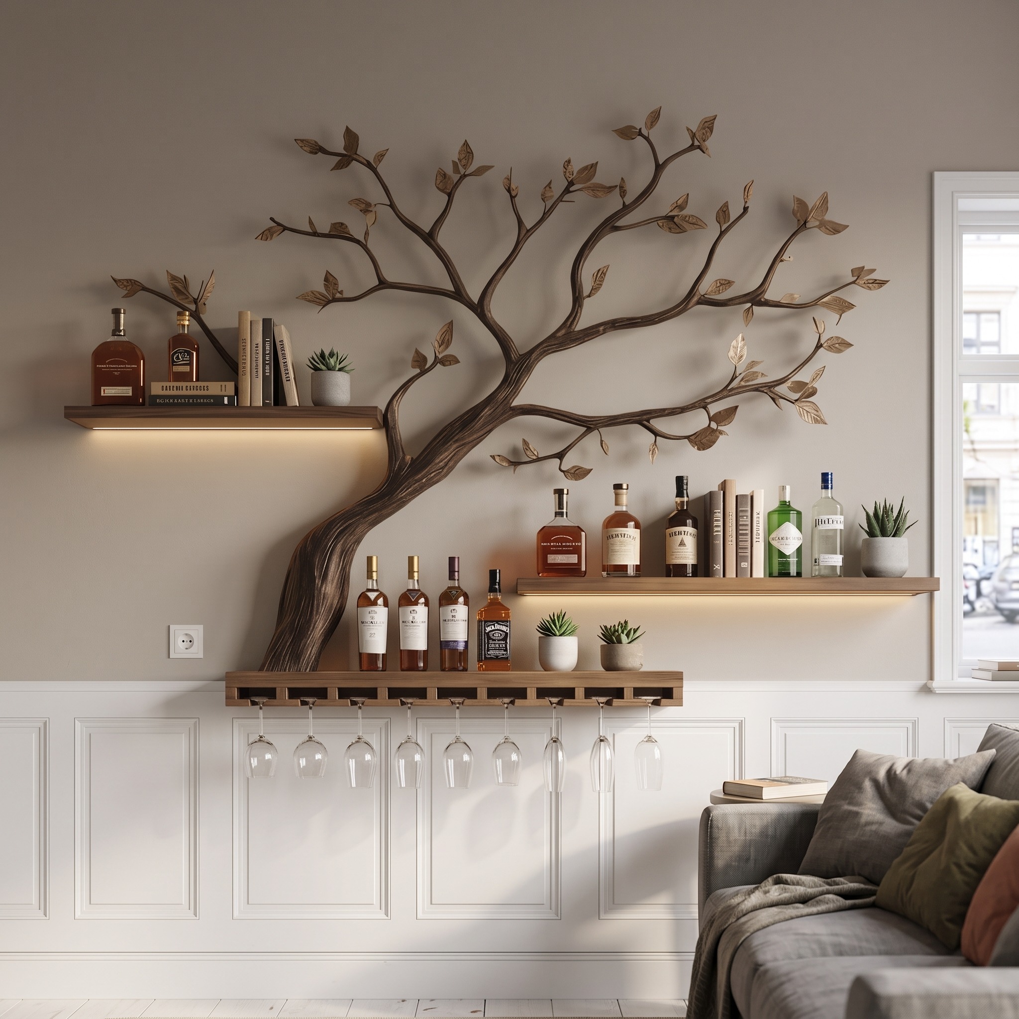Organic Tree Branch Wine Rack Wooden Wall Shelf for Kitchen Dining Room Home Bar