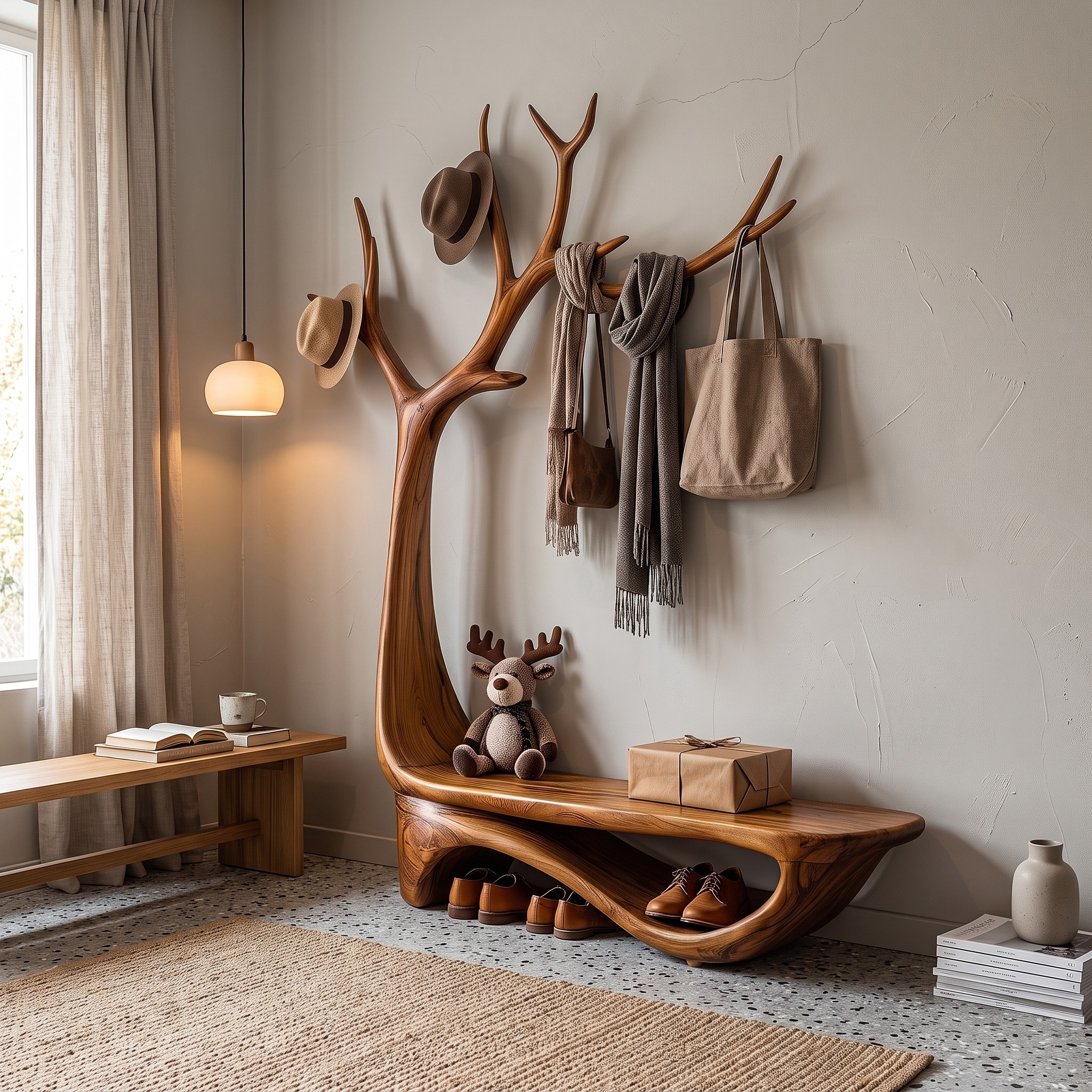 Organic Tree Shoe Bench Wall Mounted Coat Rack Storage for Entryway Hallway