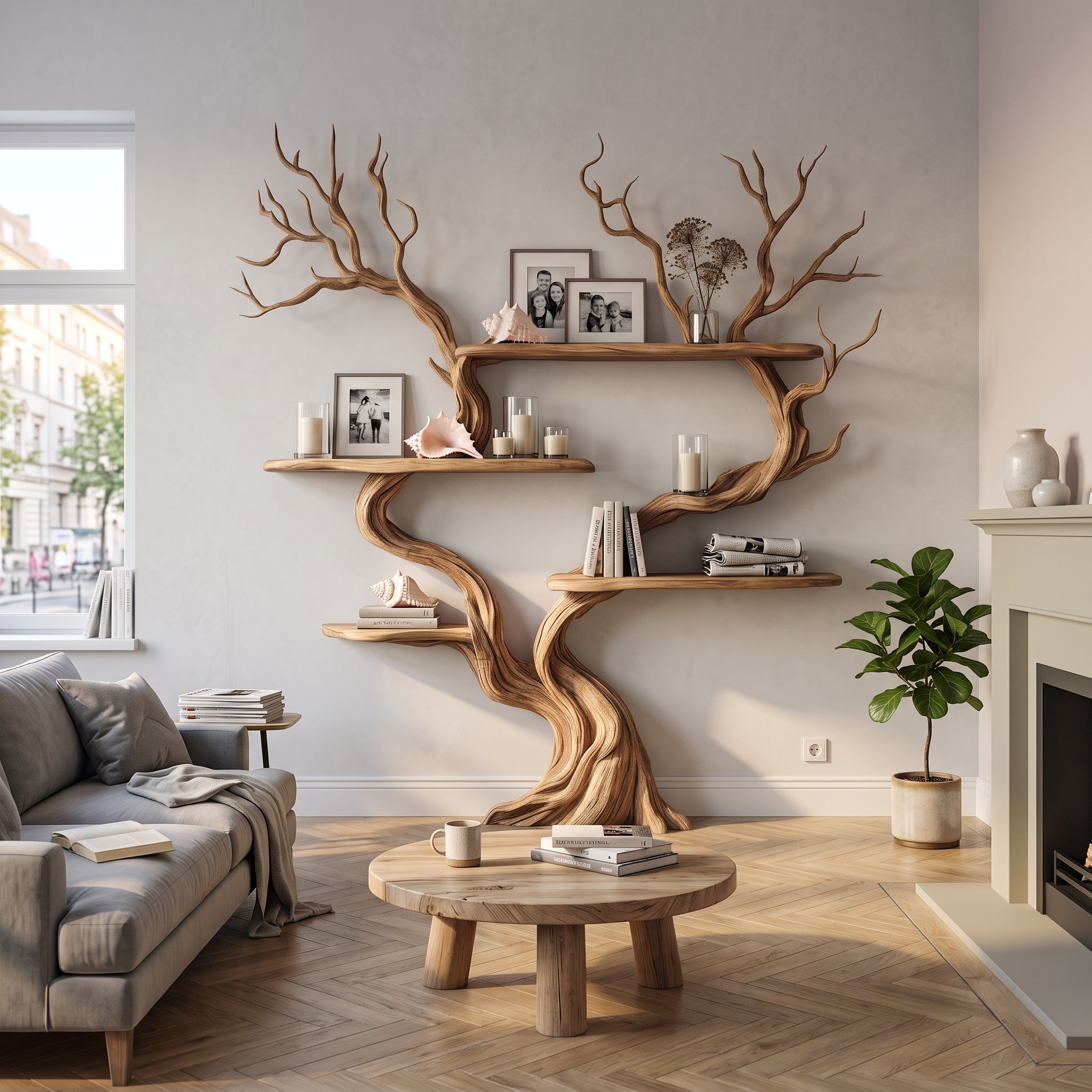 Organic Tree Wall Shelf with Multi Tier Display Shelves for Home