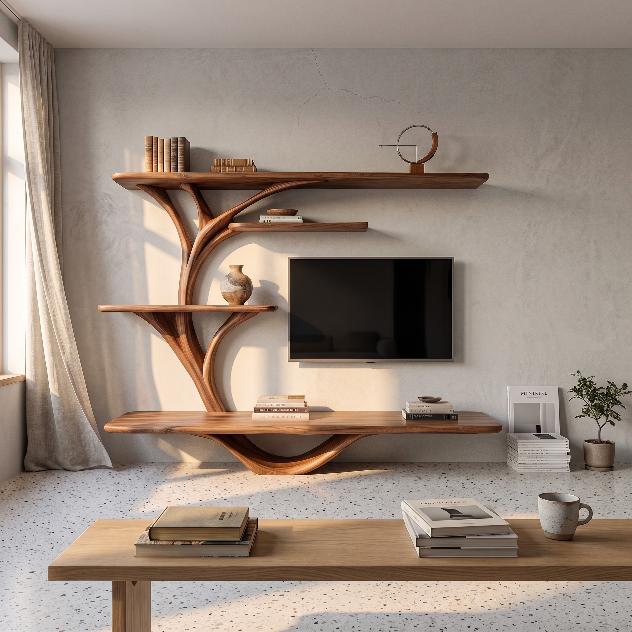 Organic TV Stand with Sculptural Branch Shelves for Living Room