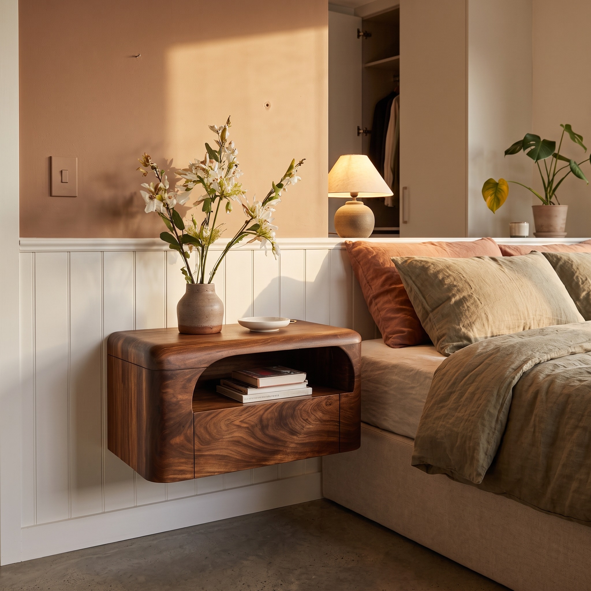 Organic Wall Mounted Bedside Table with Drawer for Bedroom