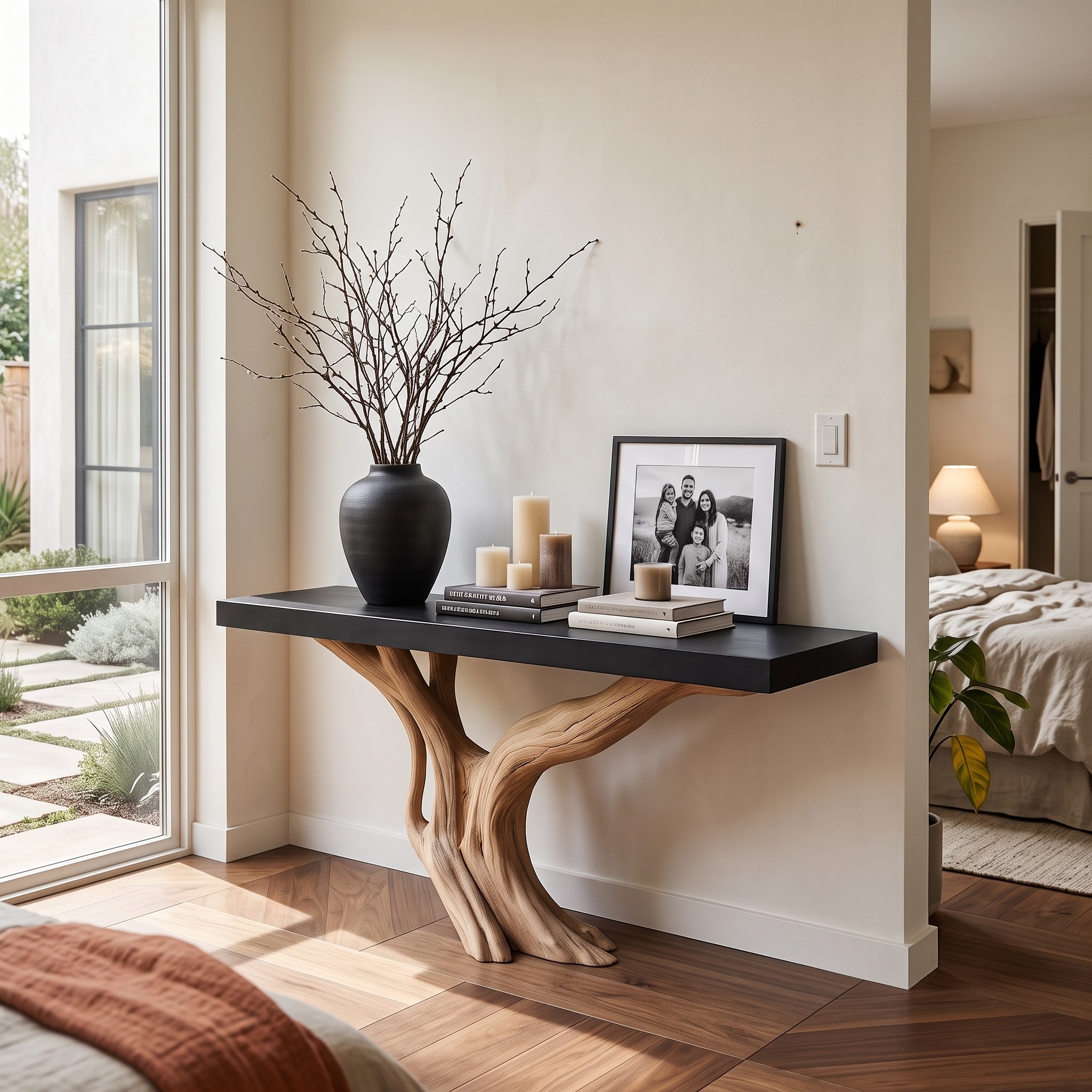 Organic Wall Mounted Console Table with Sculptural Wood Base for Hallway