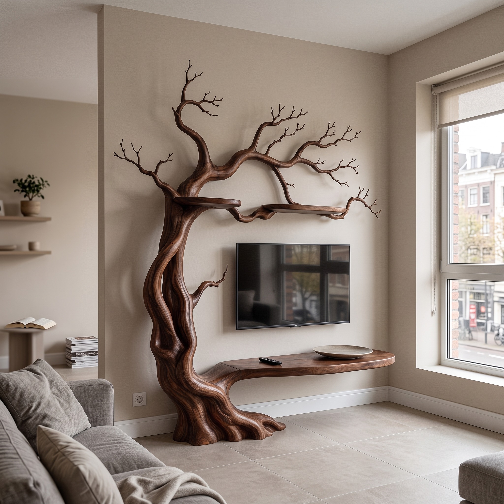 Organic Wall Mounted TV Stand with Sculptural Tree Branch Design for Living Room