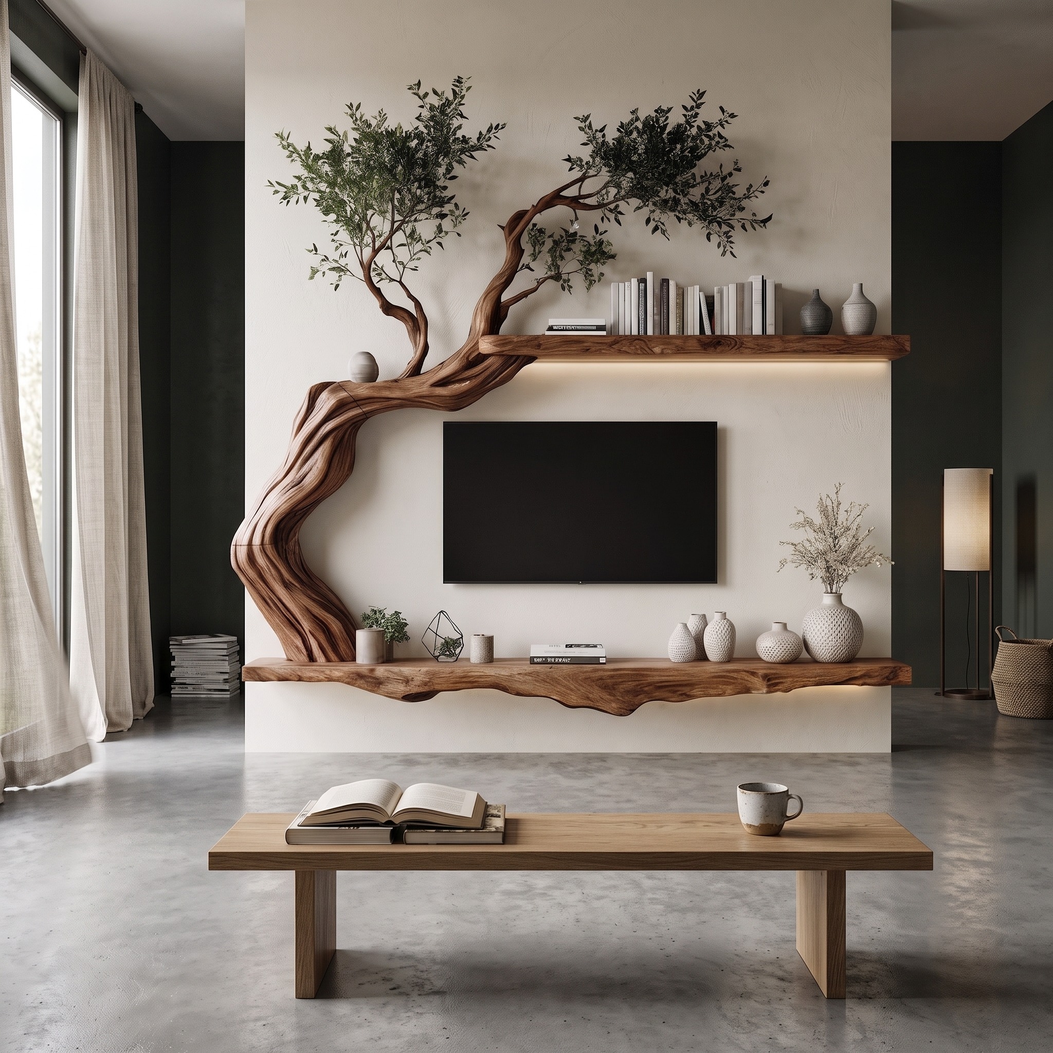 Organic Wall Mounted TV Stand with Sculptural Wood Design for Living Room