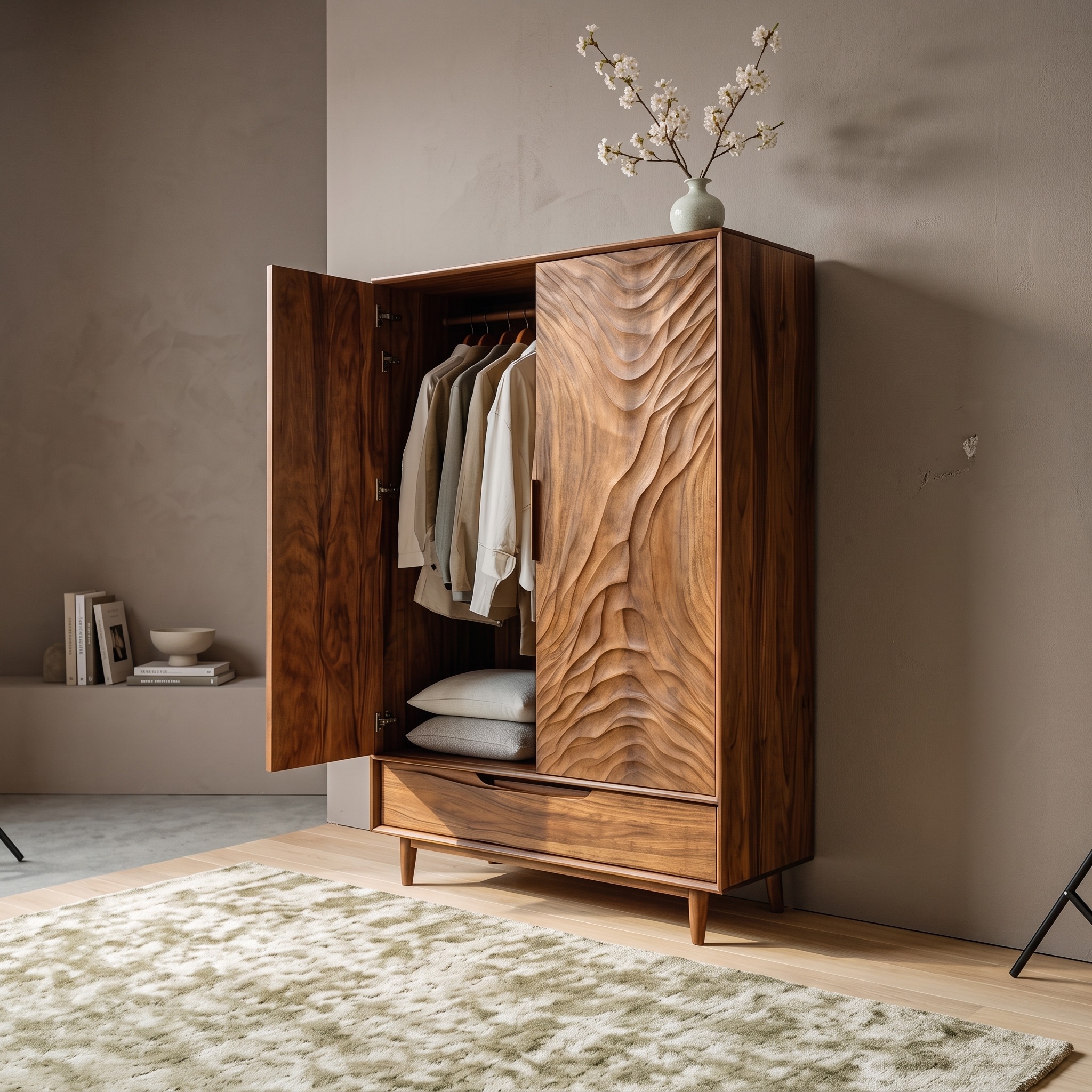 Organic Wardrobe with Carved Door for Bedroom