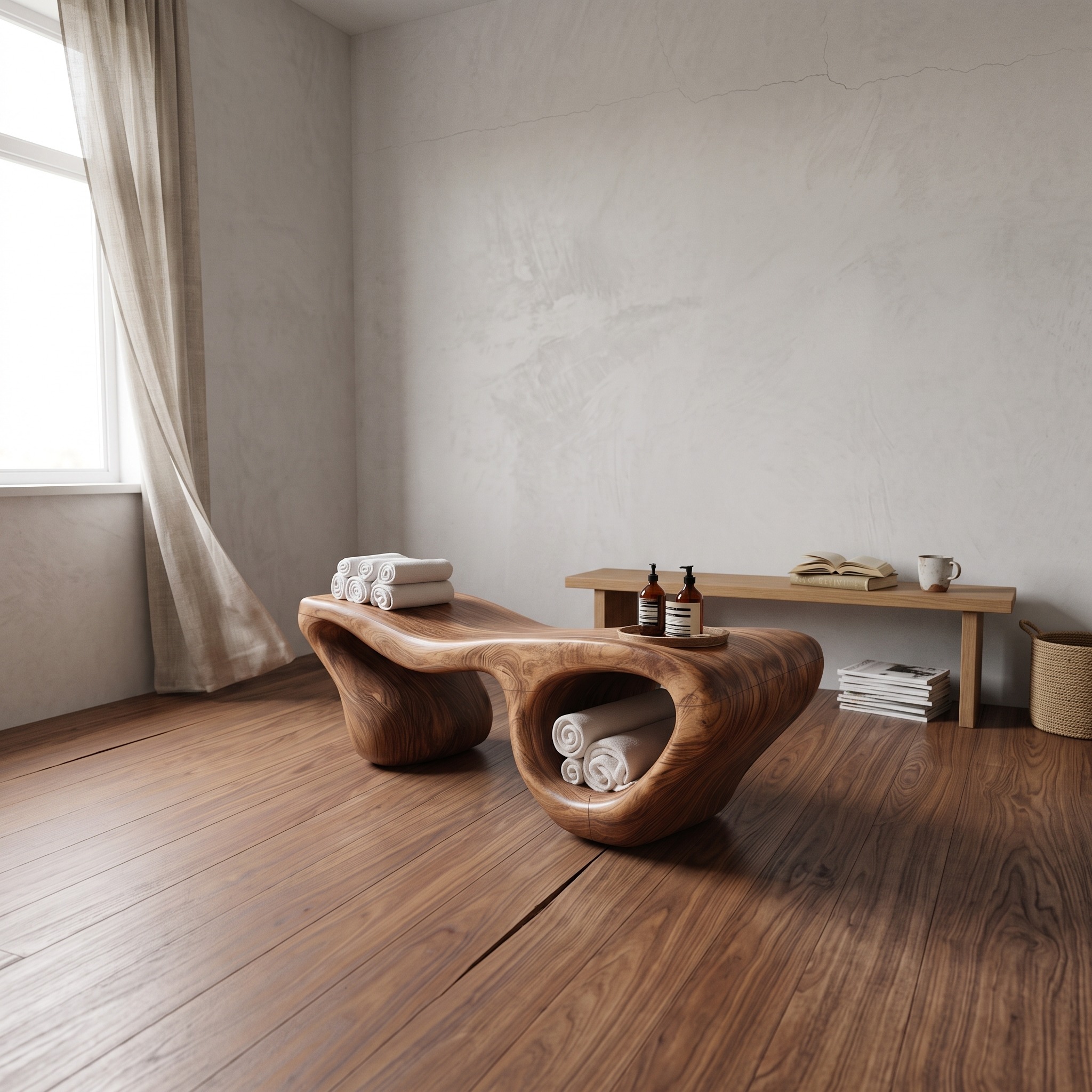 Organic Wave Carved Shower Bench Double Storage for Bathroom