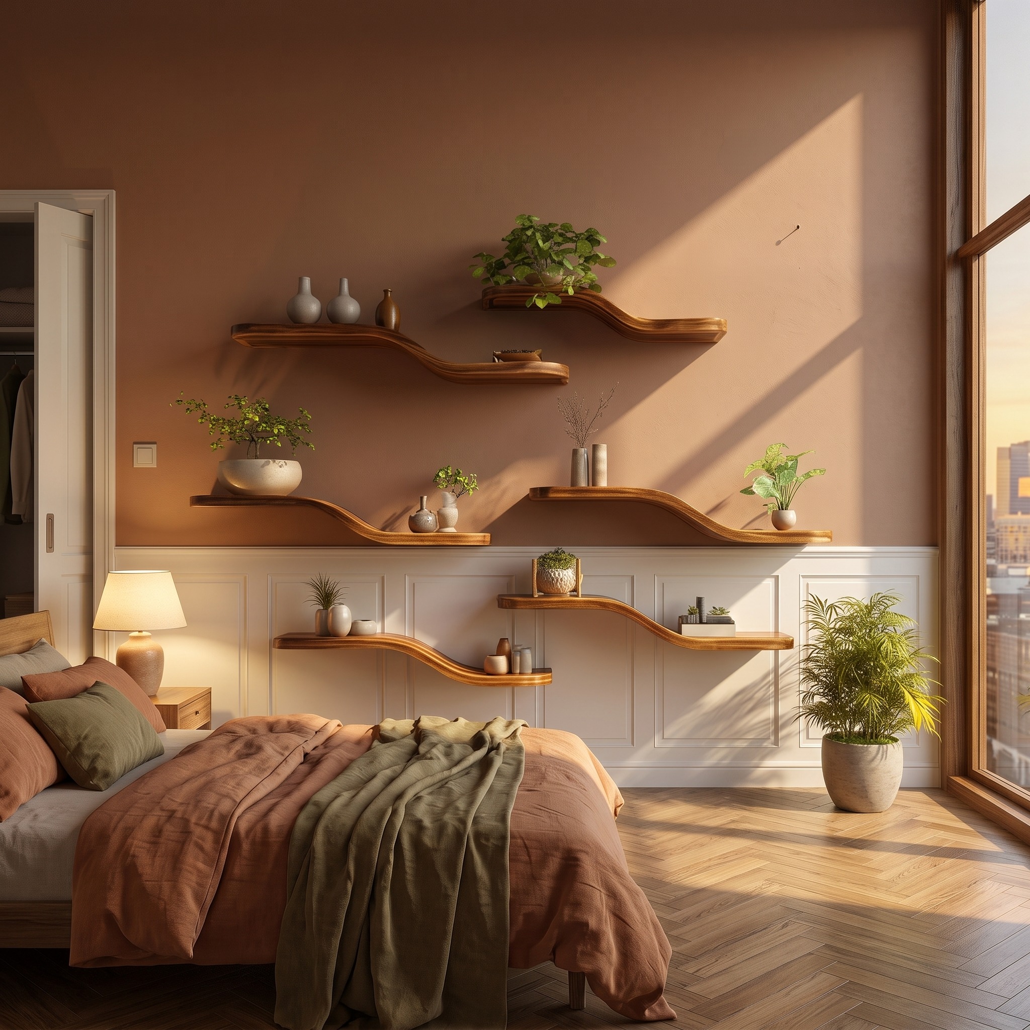 Organic Wave Solid Wood Shelf Floating Wall Media Display Interior