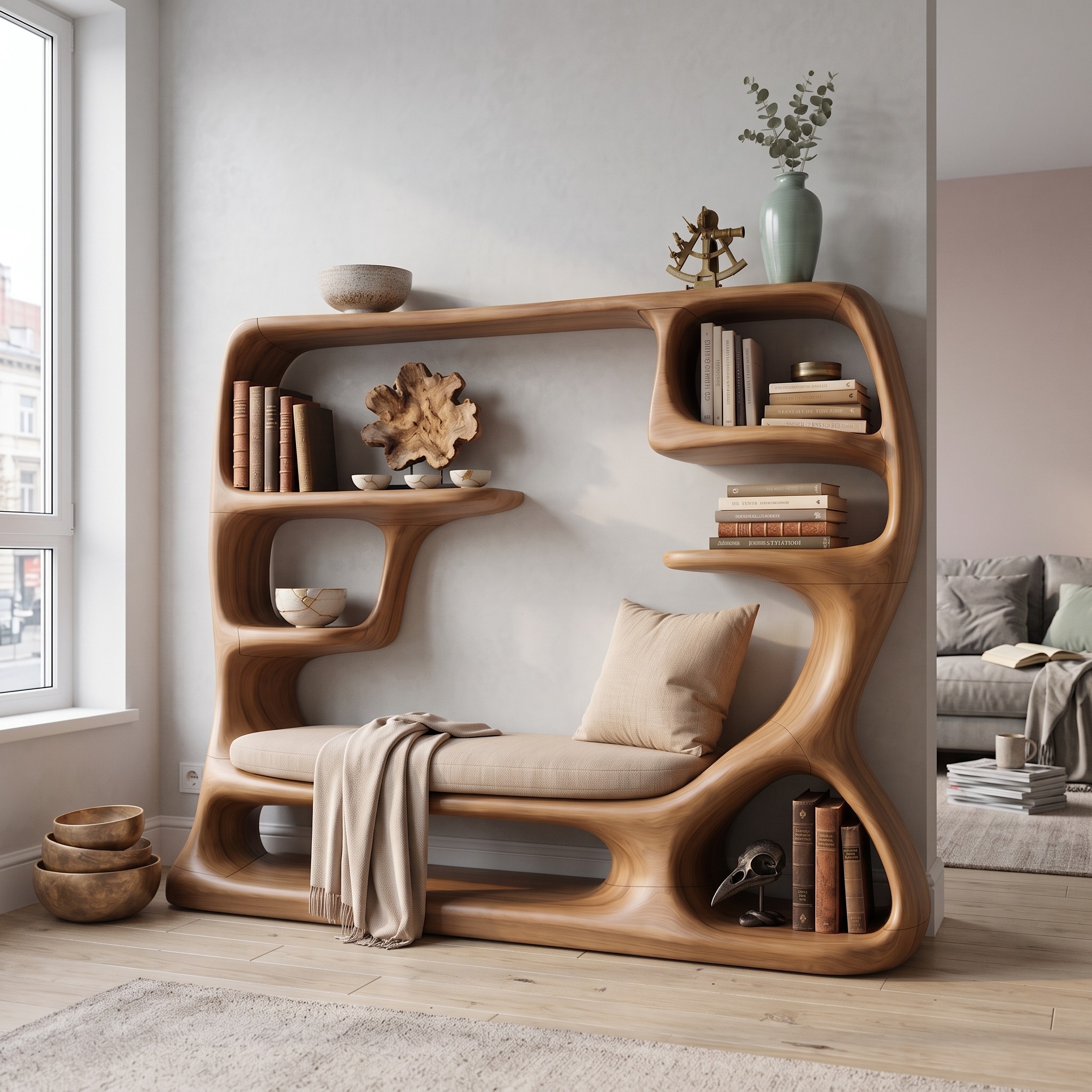 Organic Window Seat Bookcase for Cozy Reading Space