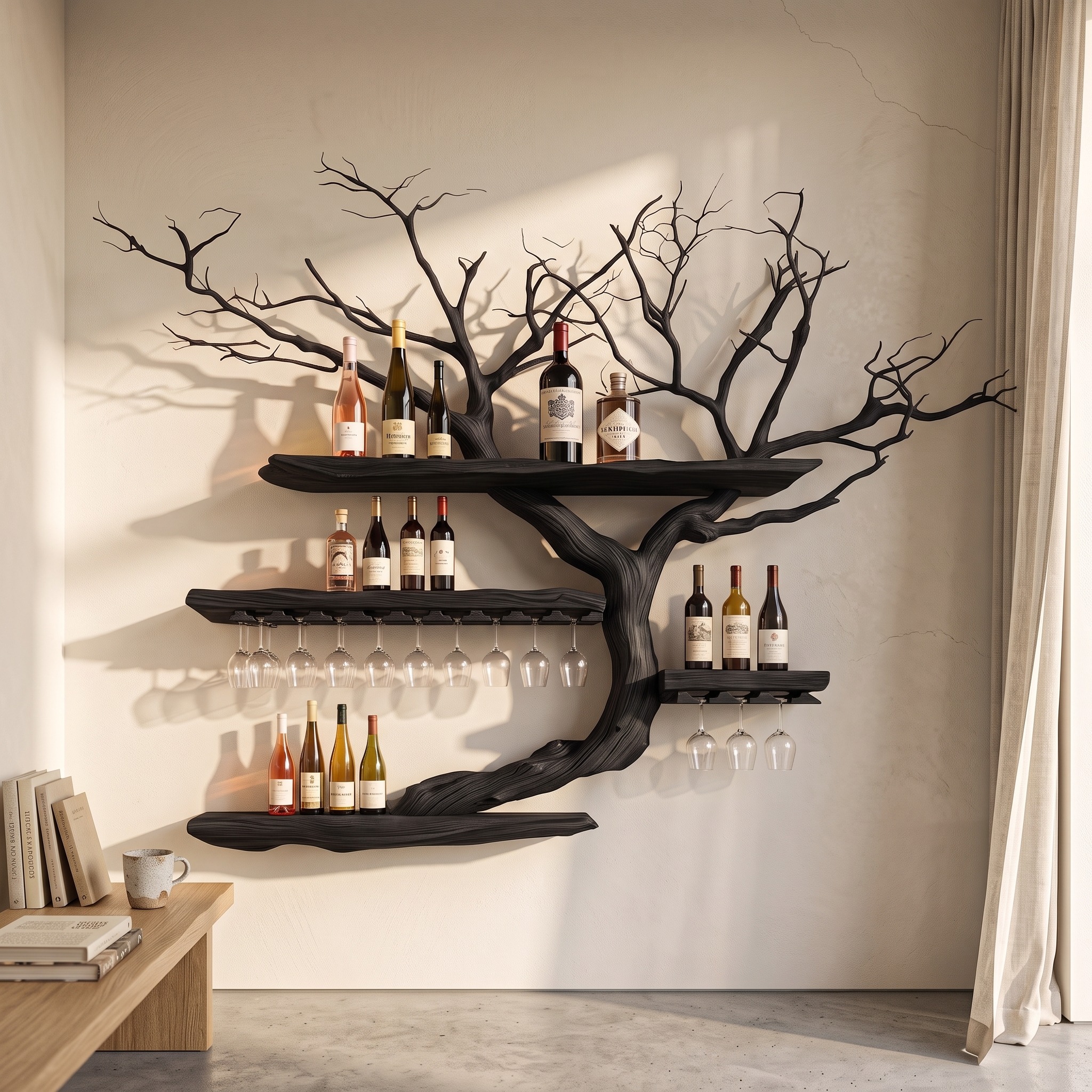Organic Wine Storage Rack with Flowing Tree Limb Design for Dining Room