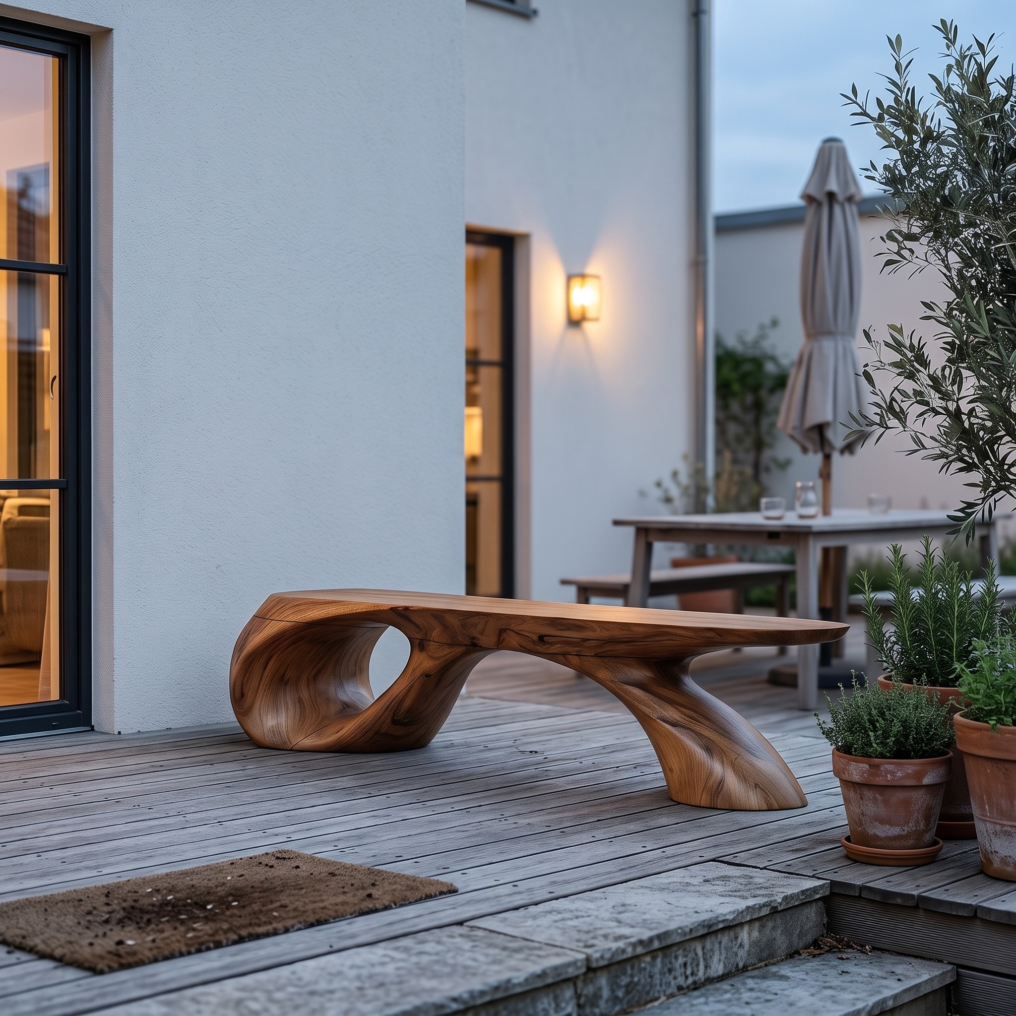 Organic Wood Bench with Sculptural Tree Branch Design for Garden and Patio
