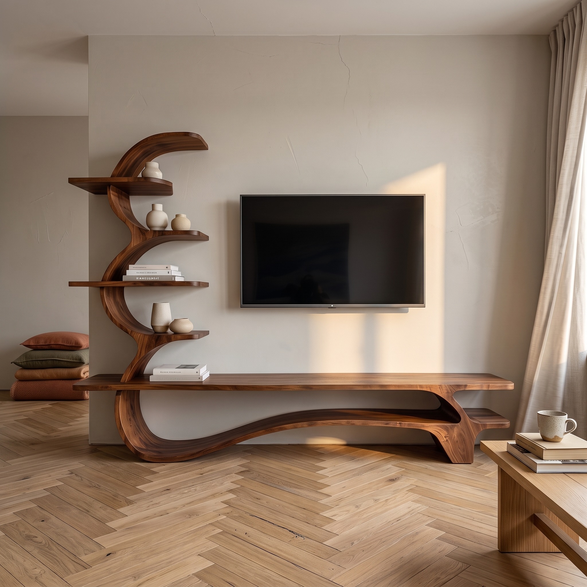 Organic Wood TV Stand with Side Curved Shelf for Living