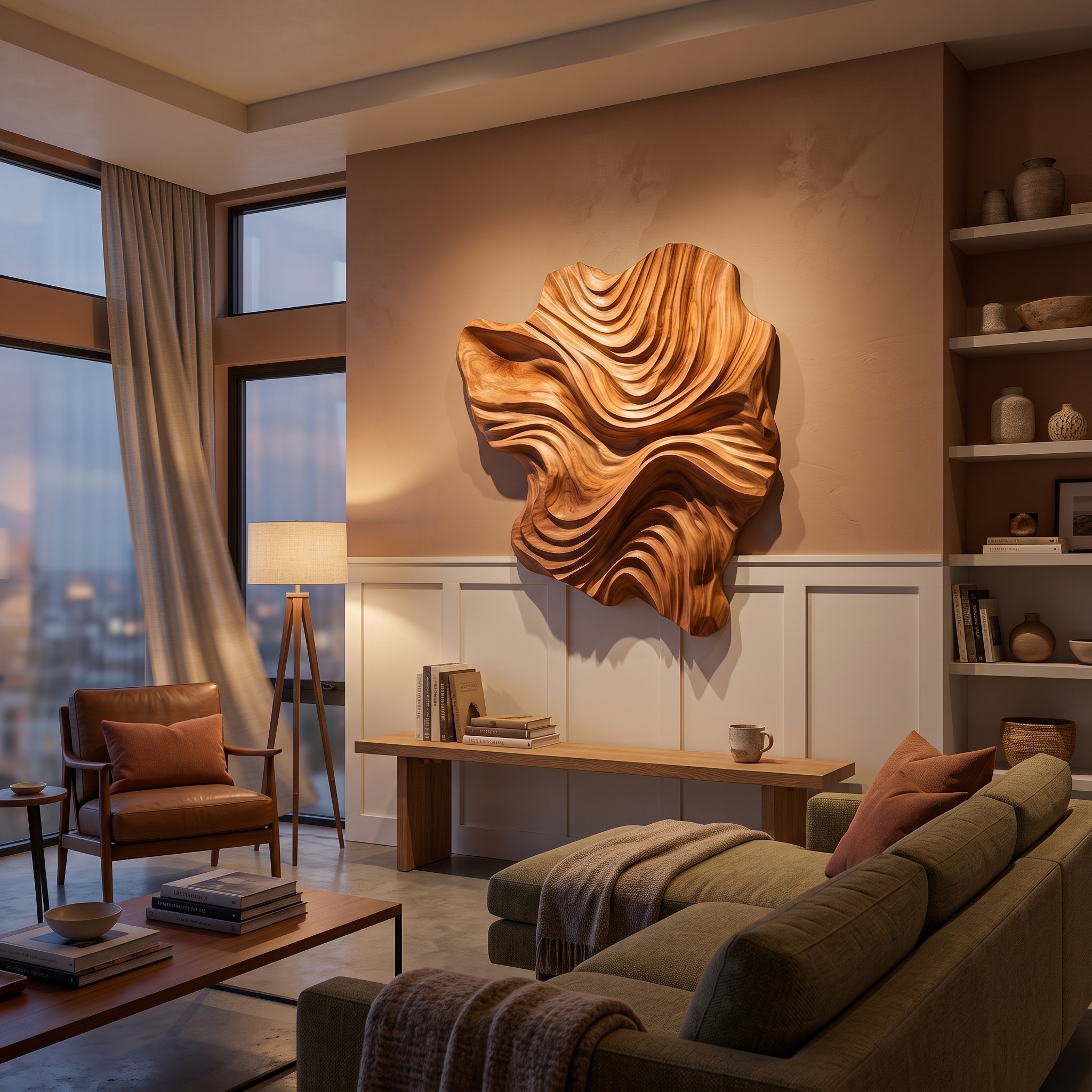 Organic Wood Wall Art Wave Design for Luxury Living Room