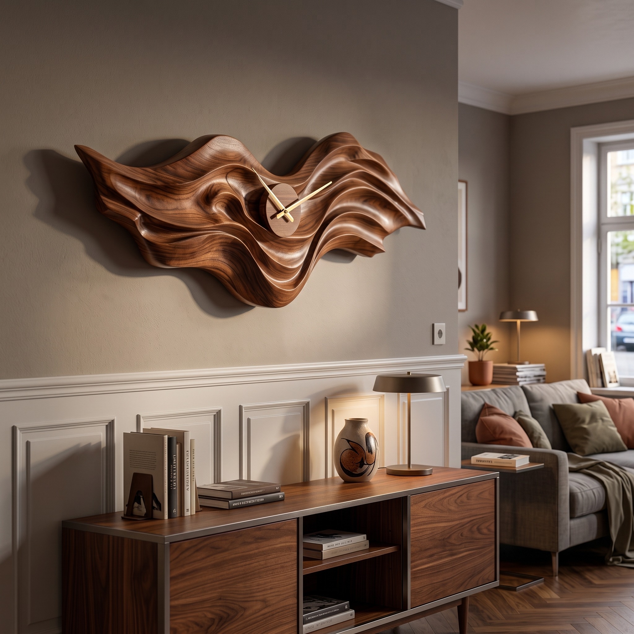 Organic Wood Wall Clock with Wave Sculpture for Living Interior