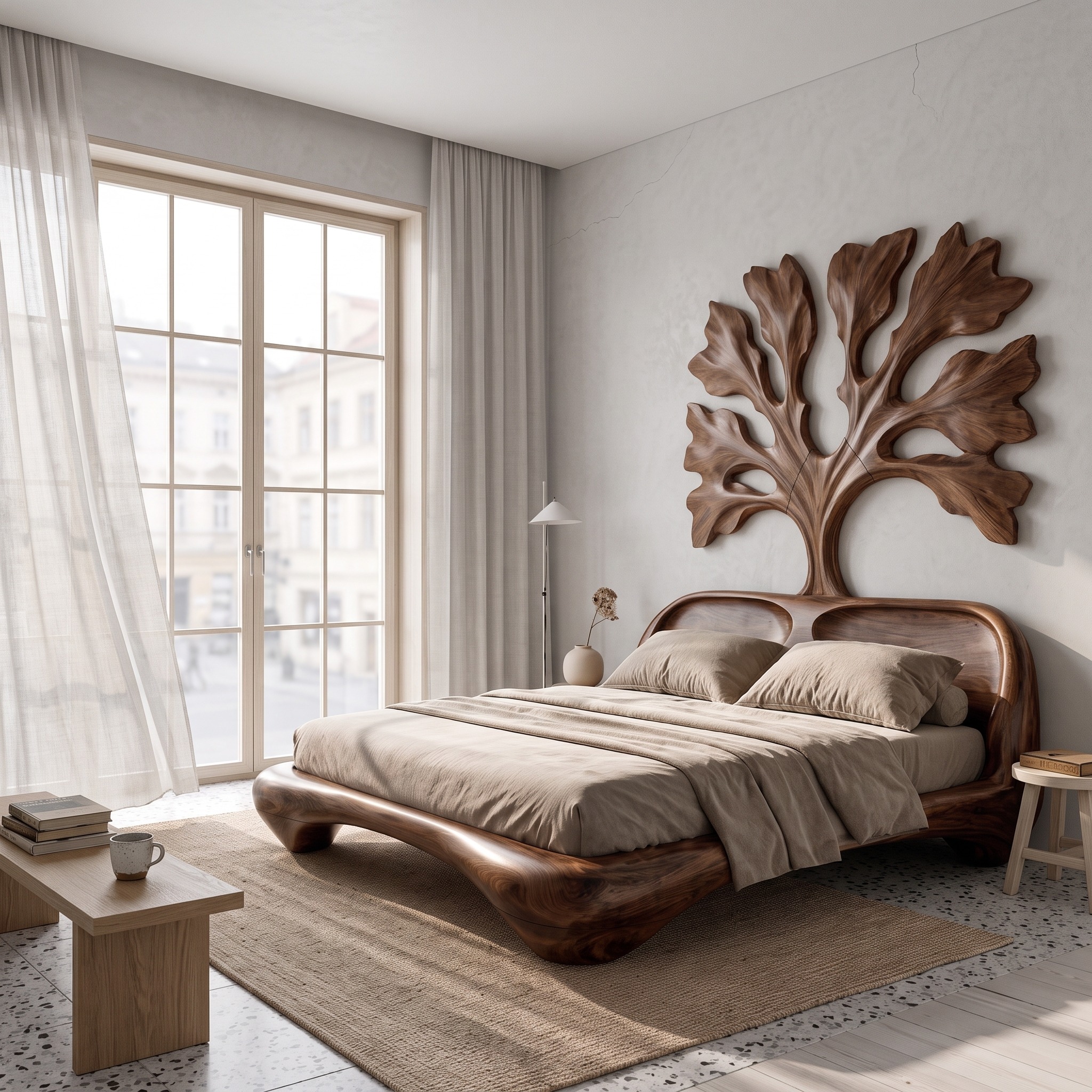 Organic Wooden Bed Frame with Artistic Tree Silhouette Headboard for Bedroom