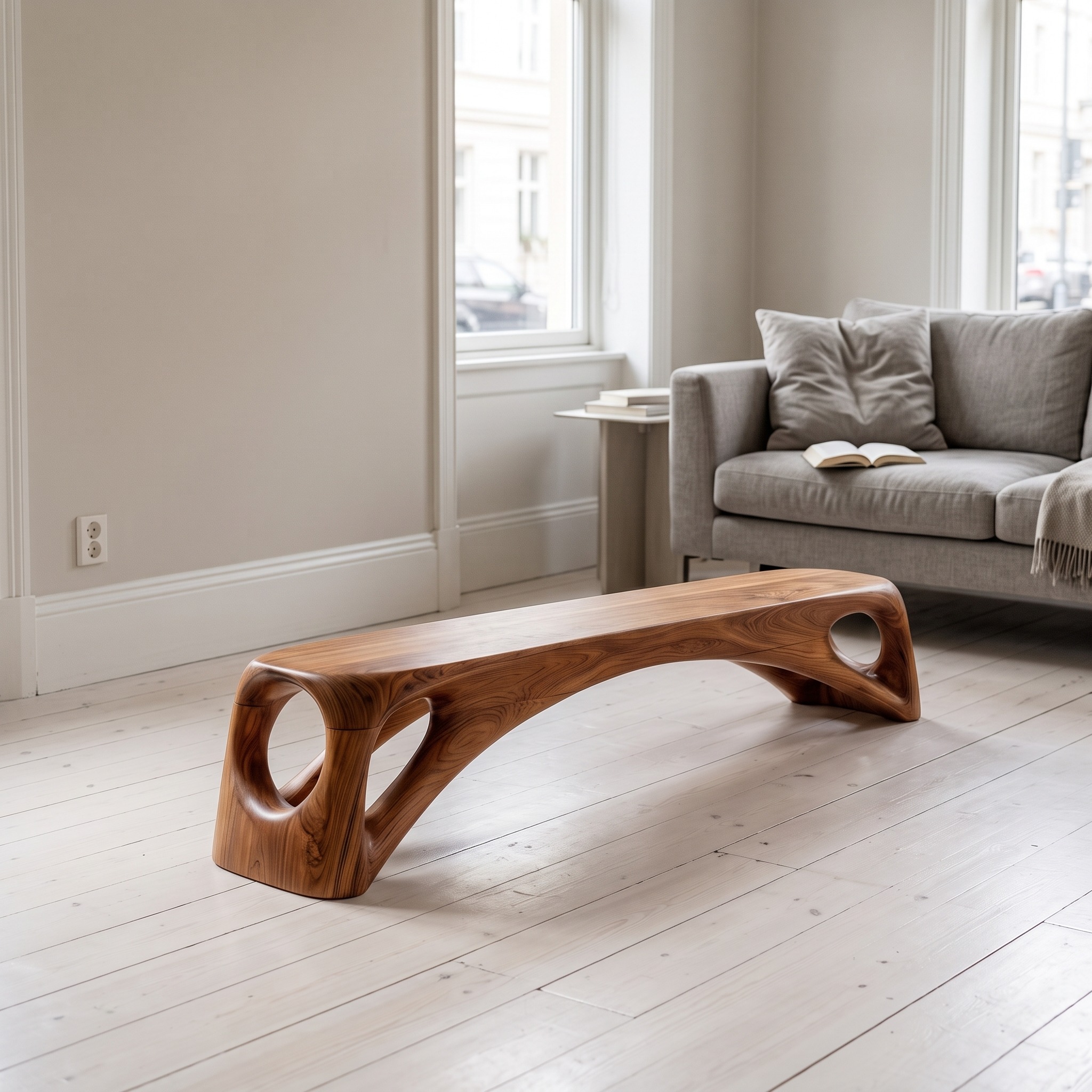 Organic Wooden Bench Hollow Design for Living Room