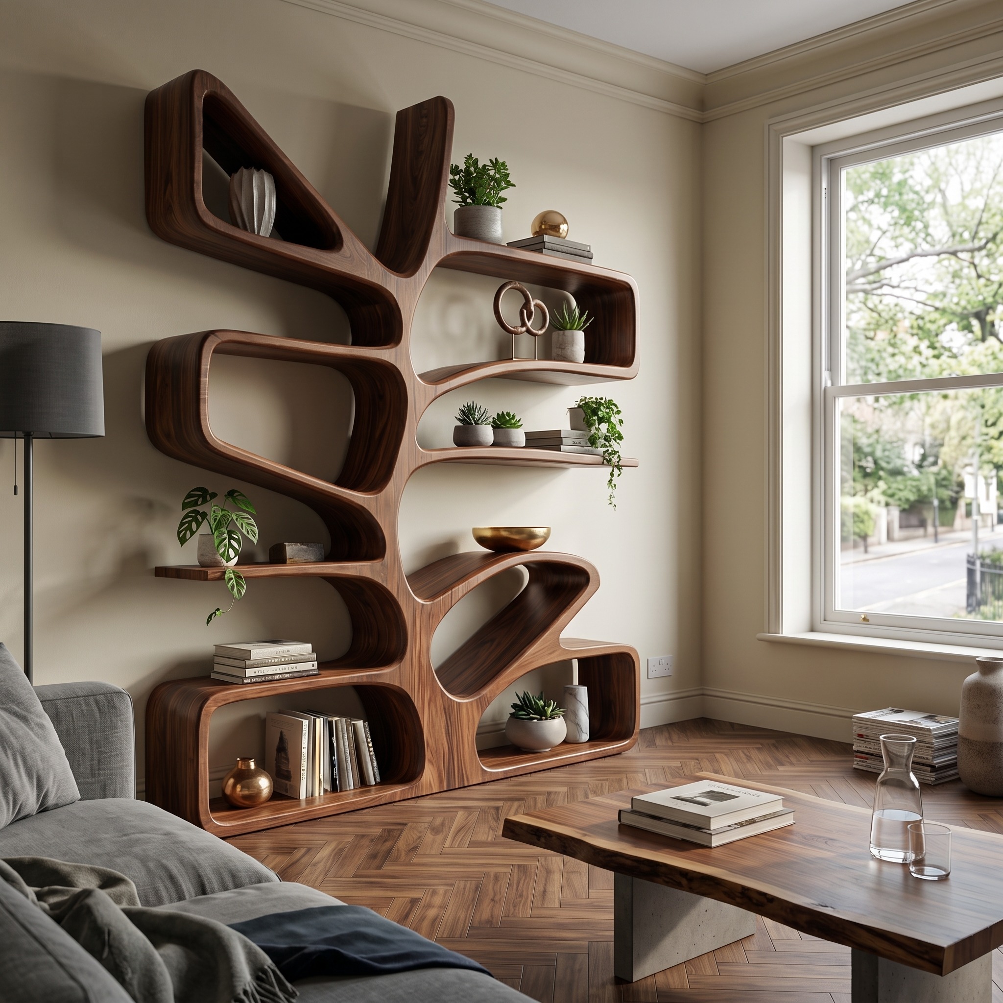Organic Wooden Bookcase with Sculptural Form for Living Space