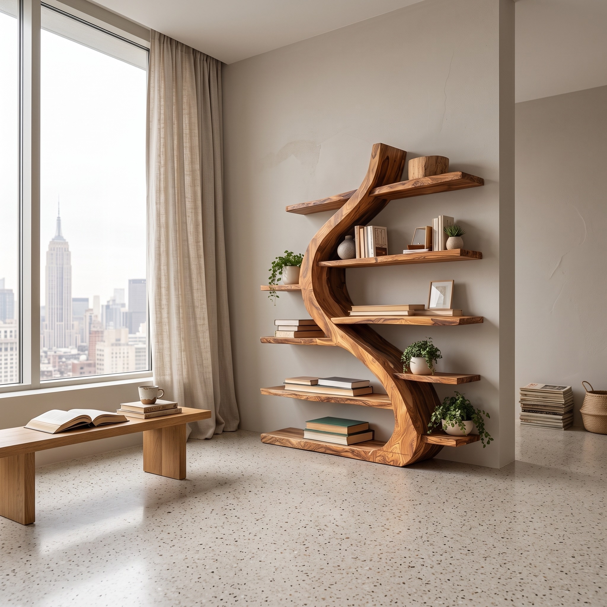Organic Wooden Bookshelf Soft Curved Design for Home Decor