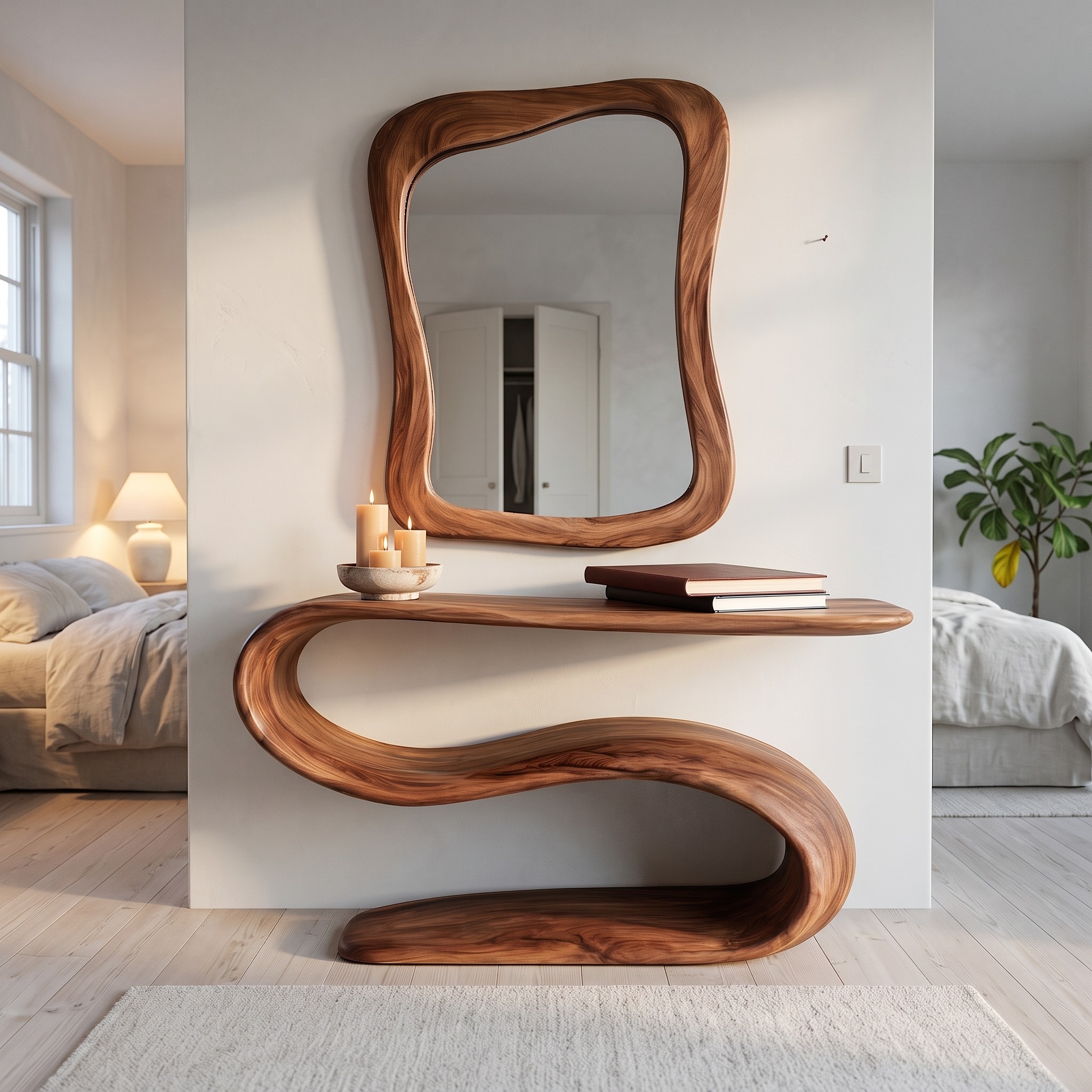 Organic Wooden Console Table with Sculptural Undulating Base for Living
