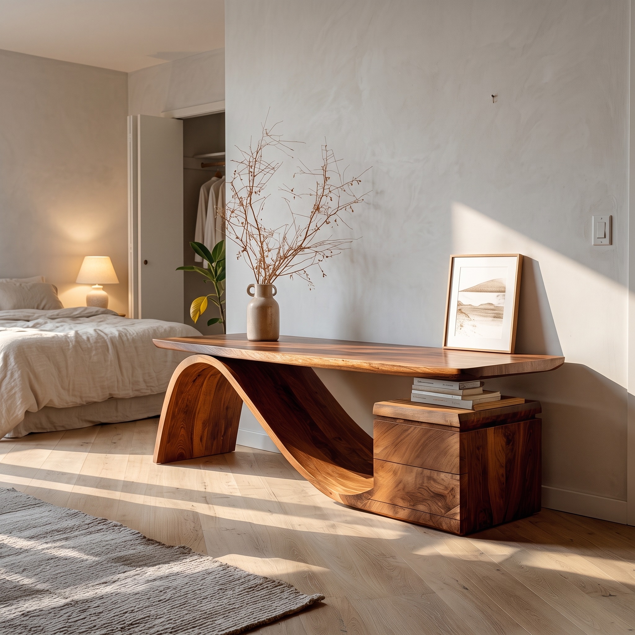 Organic Wooden Desk with Undulating Base for Home Office