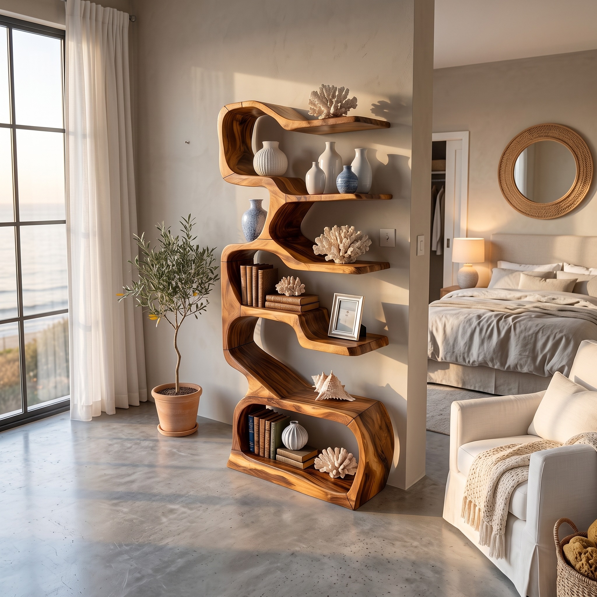 Organic Wooden Display Shelf for Coastal Living