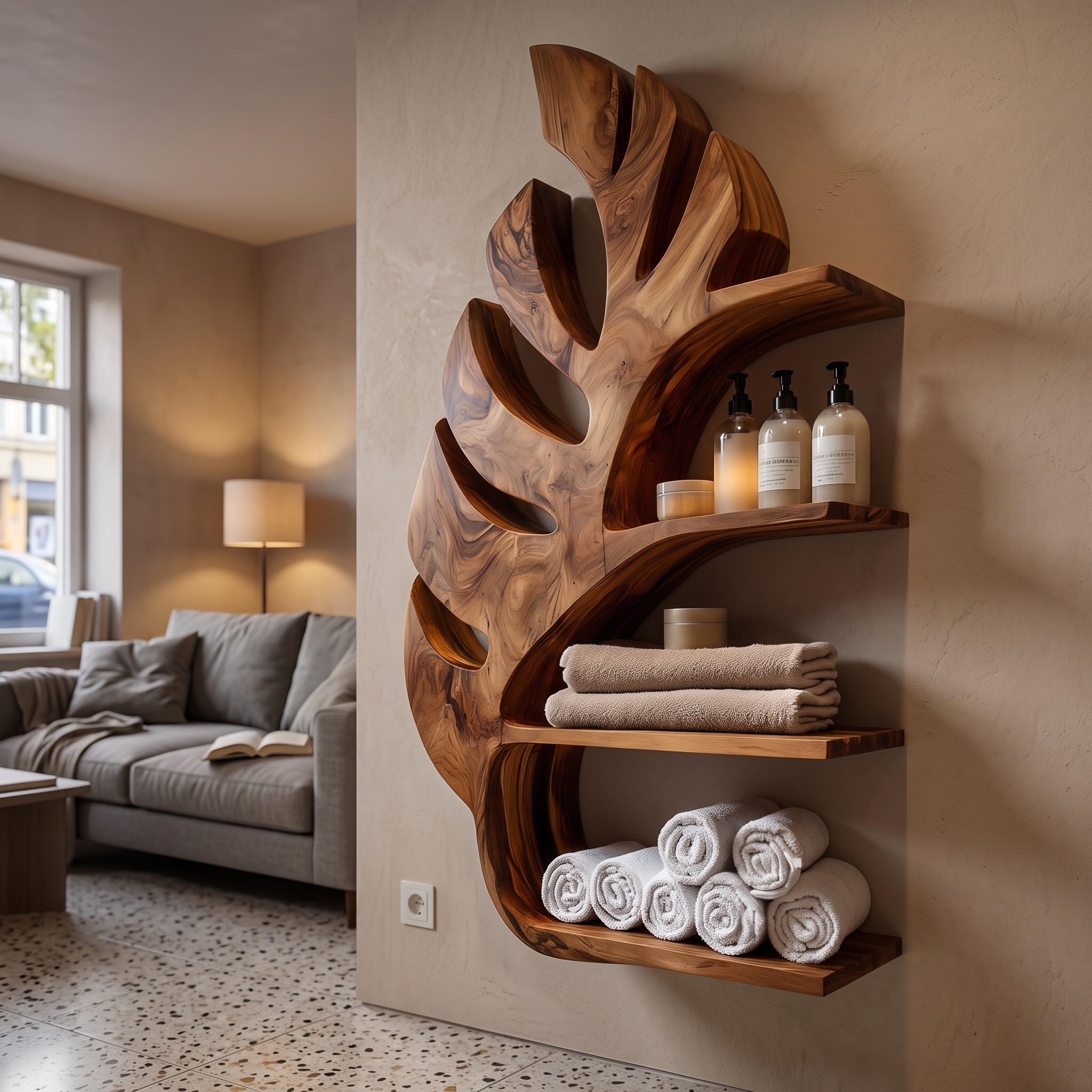 Organic Wooden Leaf Wall Mounted Bathroom Shelf for Spa