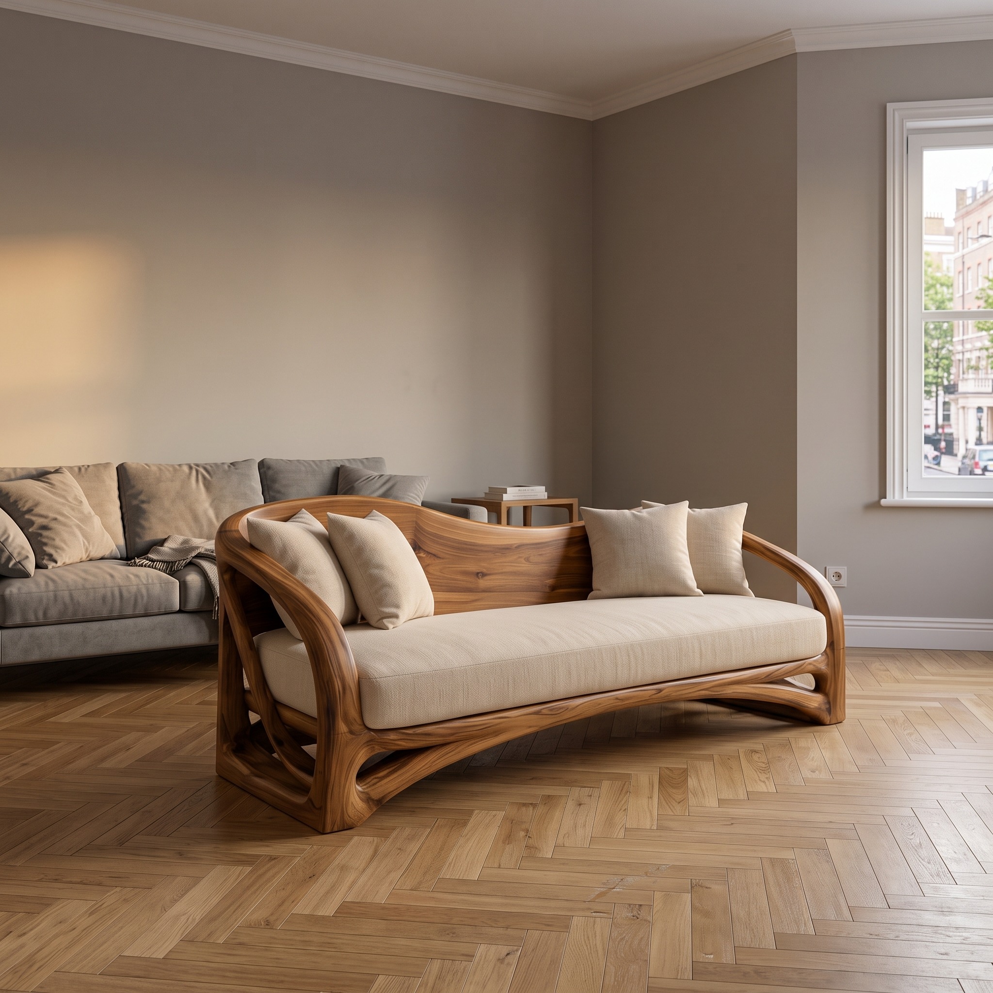 Organic Wooden Sofa with Sculptural Curved Frame for Living Room