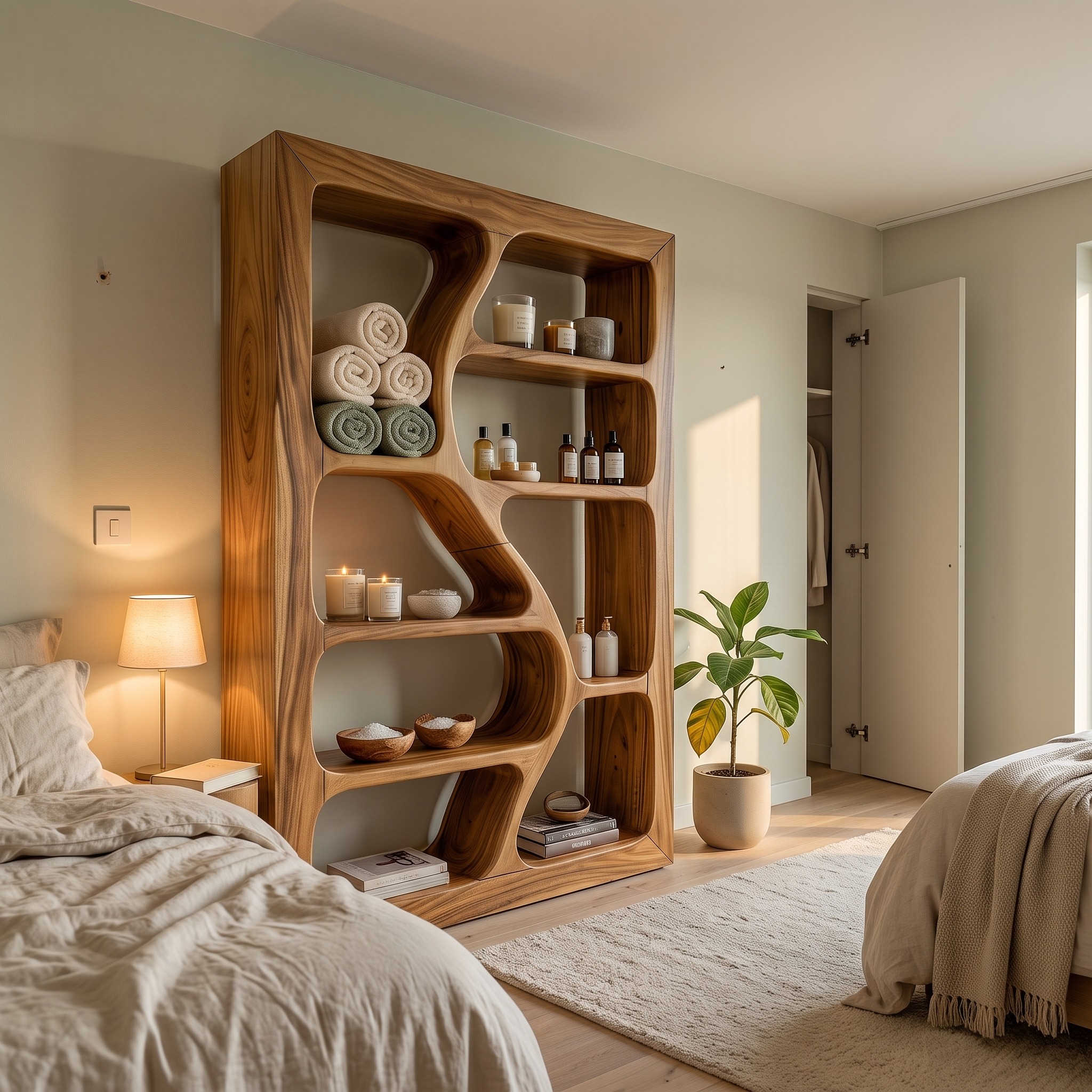 Organic Wooden Storage Shelf for Spa Interiors