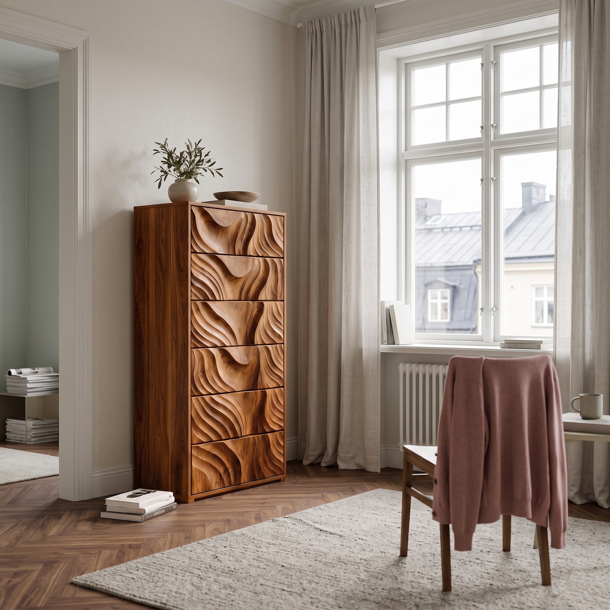 OrganicTall Dresser with Ripple Carved Drawer Fronts for Bedroom